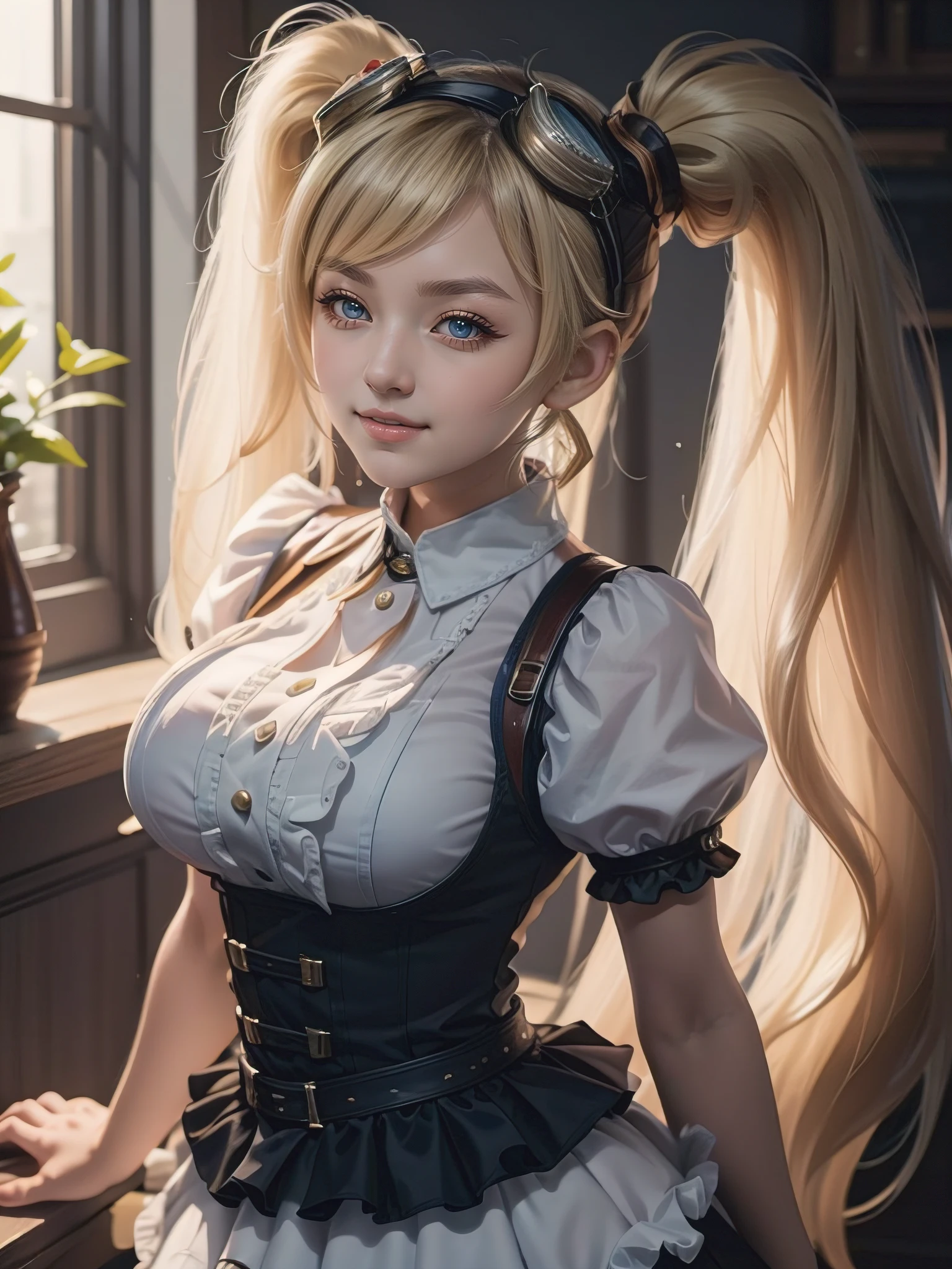 Masterpiece, super detailed, extremely detail, ulzzang,1girl, side Bangs,portrait,,happy face, (aegyo-sal:1.2),(large breast:1.2),unreal engine 5,((long hair, twin side ponytail:1.2))blond hair, ((maid,mlbb clothes)), (short Sleeve, Peter pan collar,midi skirt),smile,blue eyes,sharp eyebrow,eye shadow,