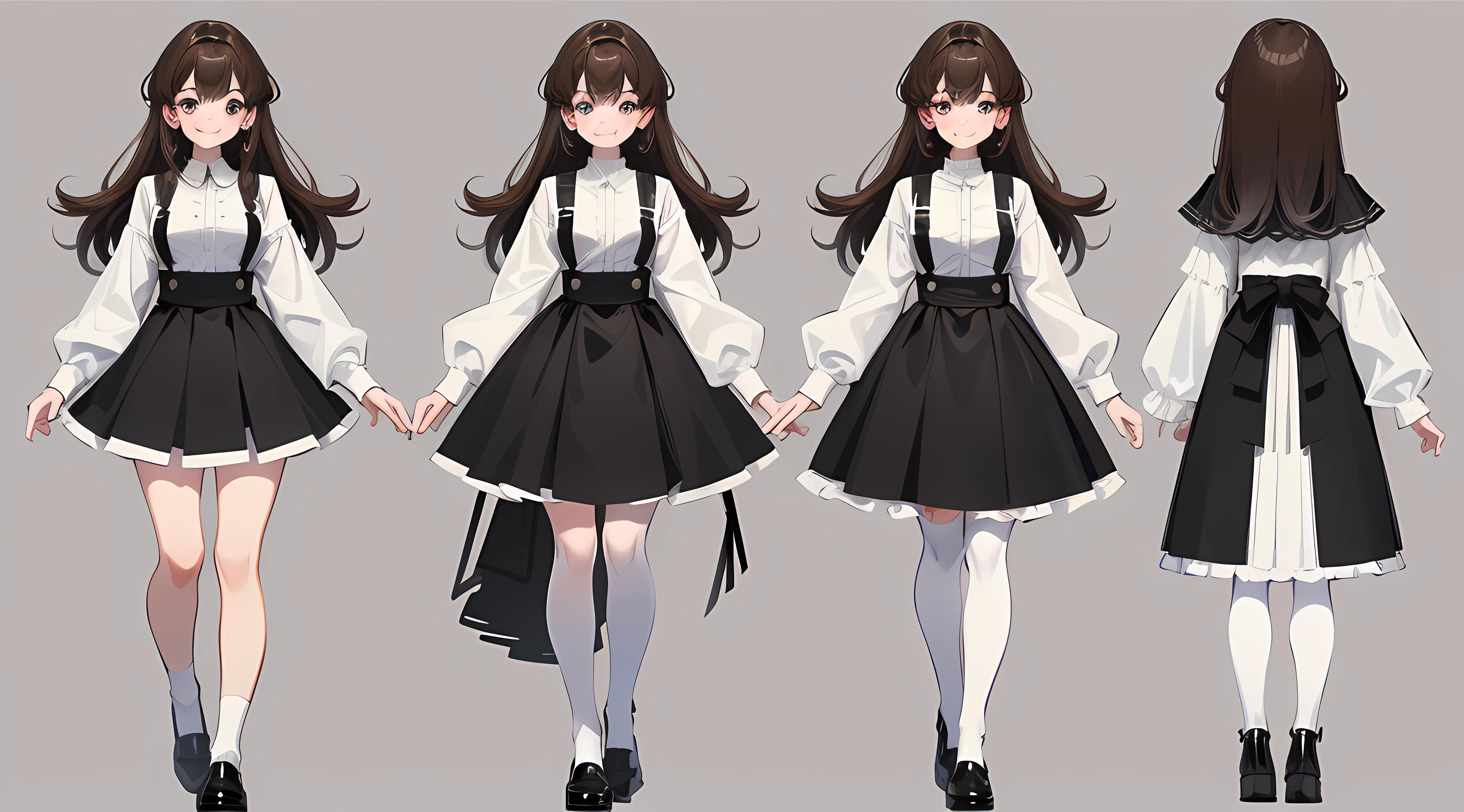 1girl, brown hair, HQ, 8K, gradient hair, black hair, t-pose, multiple views, white background, simple background, full body, smile, black eyes, large skirt