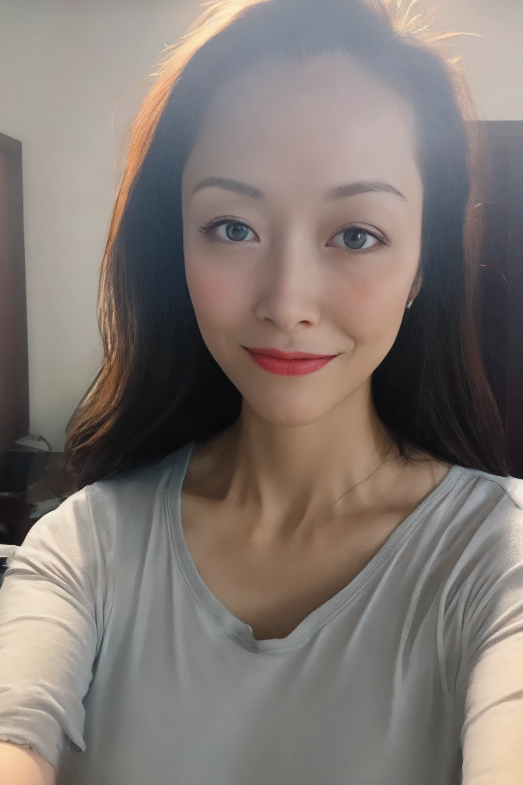 (8k, RAW Photo, Best Quality, Masterpiece:1.2), Ultra Detail, Super Resolution, (Realistic, Realistic Photo:1.37), Portrait, High Detail RAW Color Photo, Professional Photo, Extremely Detailed and Beautiful, Extremely detailed, 8k wallpaper, amazing and detailed, huge file size, official art, highly detailed CG unity 8k wallpaper, highly detailed beautiful girl, highly detailed face, highly detailed eyes, highly detailed skin, highly detailed fingers, highly detailed nose, very detailed detailed mouth , perfect anatomy, highly detailed background, highly detailed clothes, 1girl, (20:1.2), 20s, cute girl, realistic body, petite, fair skin, glowing skin , slim body, handsome body, black hair , short hair, (blunt bangs:1.2), smile, cute, youthful, cute face, realistic face, delicate eyes, drooping eyes, lingerie, see-through, earrings, looking at viewer, cowboy shot, facing front, standing posture, Contraposto, dynamic lighting, very large breasts, cowboy shot