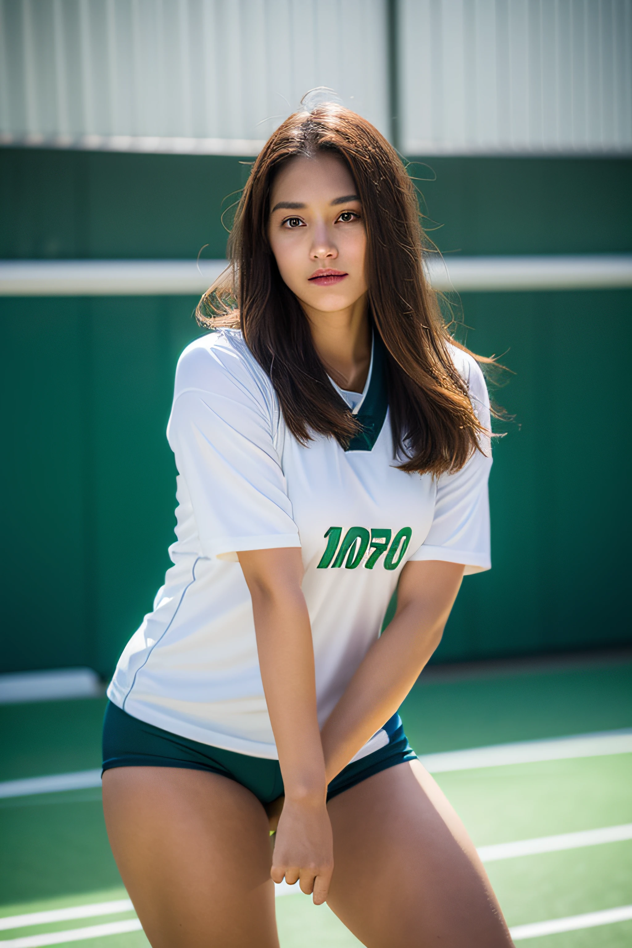 (Photoreal: 1.4), (Hyper-realistic: 1.4), (Realistic: 1.3), (Smooth lighting: 1.05), (Improved cinematic lighting: 0.9), 32K, 1 girl, 20 year old girl, Realistic lighting, Backlight, Face Light, raytrace, (Whitening light: 1.2), (Image enhancement: 1.4), ( Top quality real skins: 1.4), Narrow eyes, Fine face, Narrow eyes, (Body Line Mood Increase: 1.1), Oversized breasts, Big, (Skin Texture Enhancement Beauty: 1.1),Volleyball uniform:1.4, Indoor_Volleyball_court_Background:1.4, thighs thighs thighs thighs, Protruding , Crotch
