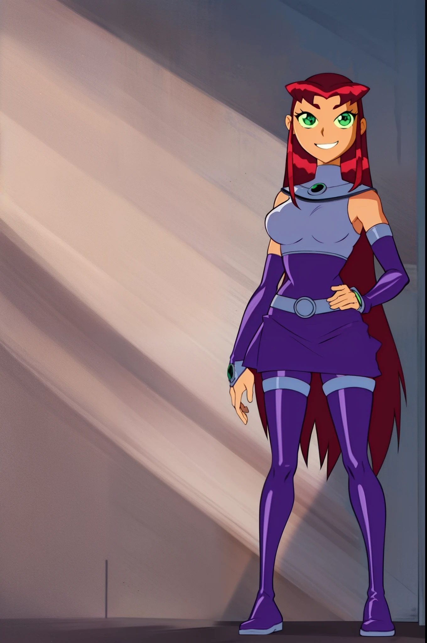 starfire, anime, standing, full body, curvy, smile, medium breast,kimono, pants, pantyhose, full body suit, feet