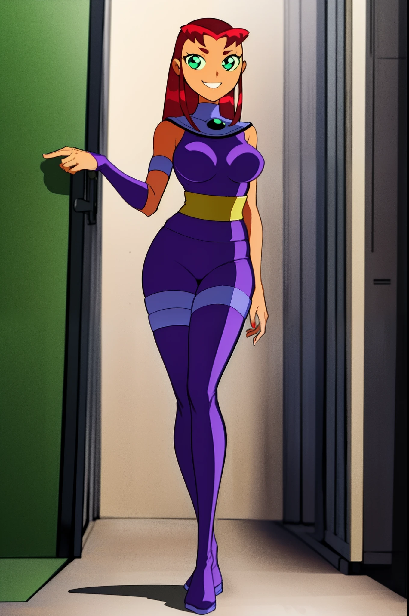 starfire, anime, standing, full body, curvy, smile, medium breast,kimono, pants, pantyhose, full body suit, feet