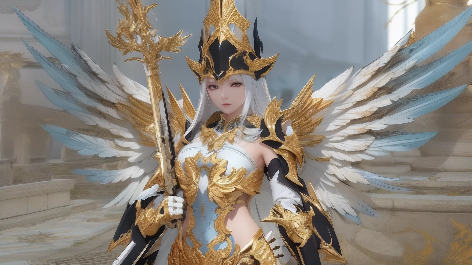 there is a woman dressed in a costume with wings and gold holding a gun in each hand with matching colors as costume, angelic golden armor, intricate white and gold armor, from lineage 2, ornate white and gold armour, heavy white and golden armor, gold wings on head, archangel, gold paladin, inspired by Huang Shen, mystical atlantean valkyrie, lineage 2 revolution style. Holding guns in both hands