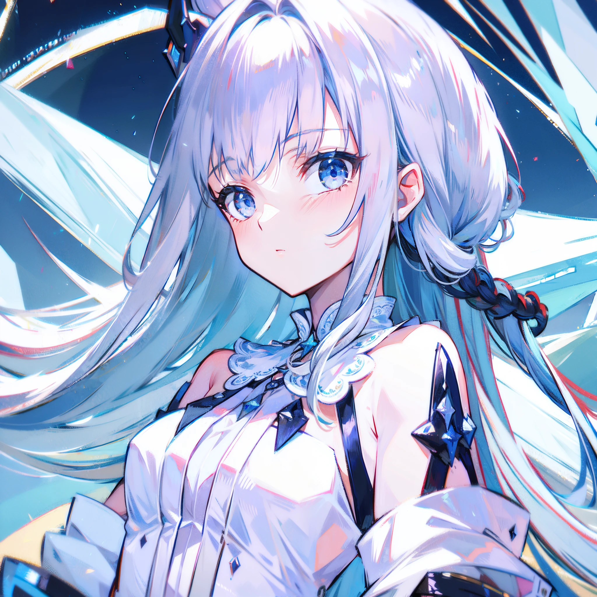 teens girl,black leg rings,Blue top hat,white color hair,curlies,long whitr hair,blue gradient hair,Blue and white heteropupils,White gloves,Blue tuxedo,Blue bow at waist,short white pants,noble,ellegance(Masterpiece,Best quality,Ultra-detailed,Detailed background)