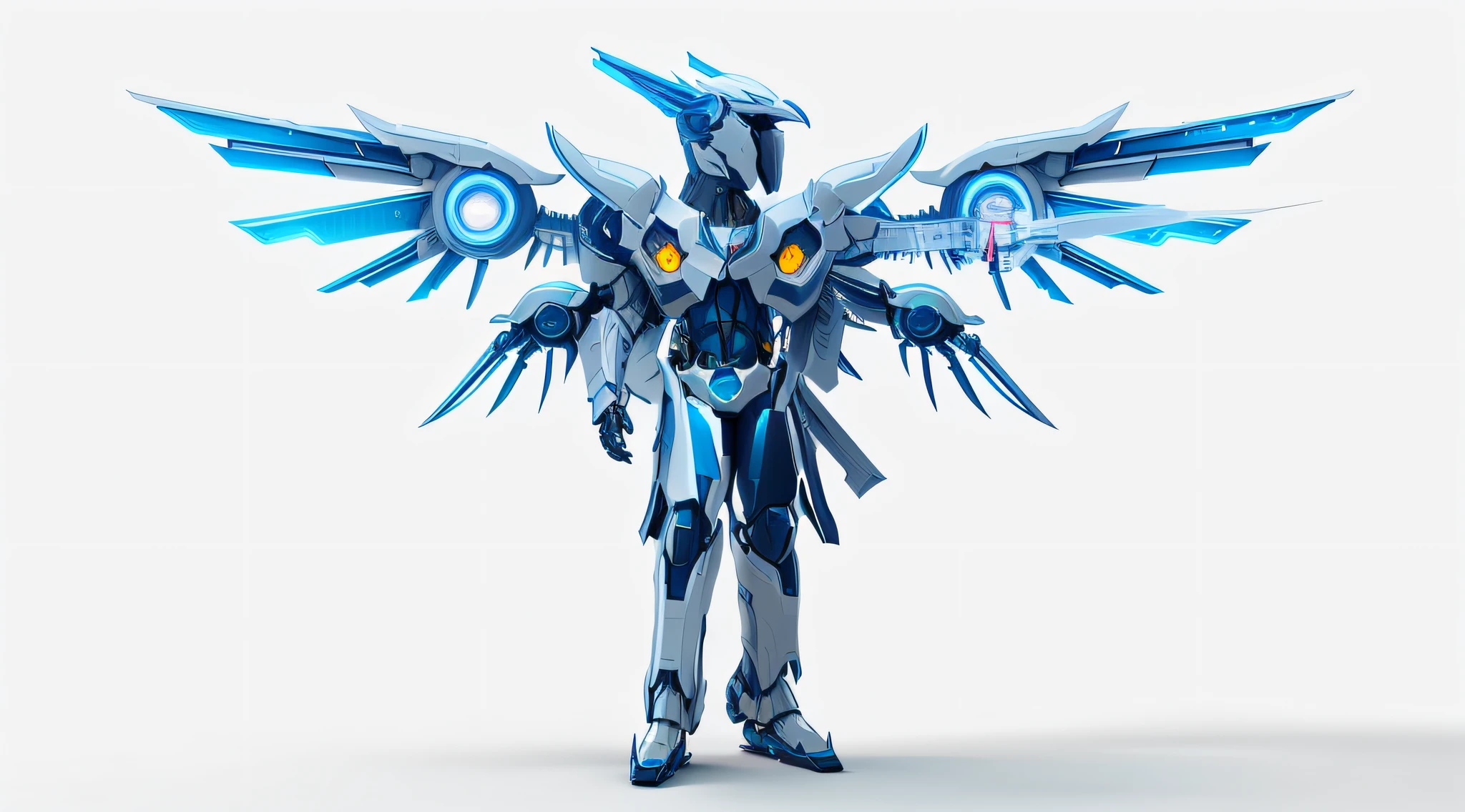 Close up of robot with wings on white background, Mecha wings, Raven in cyber armor, high res render, futuristic robot angel, detailed full-body concept, hyper-detailed fantasy character, mecha anthropomorphic penguin, pterodactyl mecha, anthropomorphic raven knight, detailed humanoid, full body render, rendered in keyshot