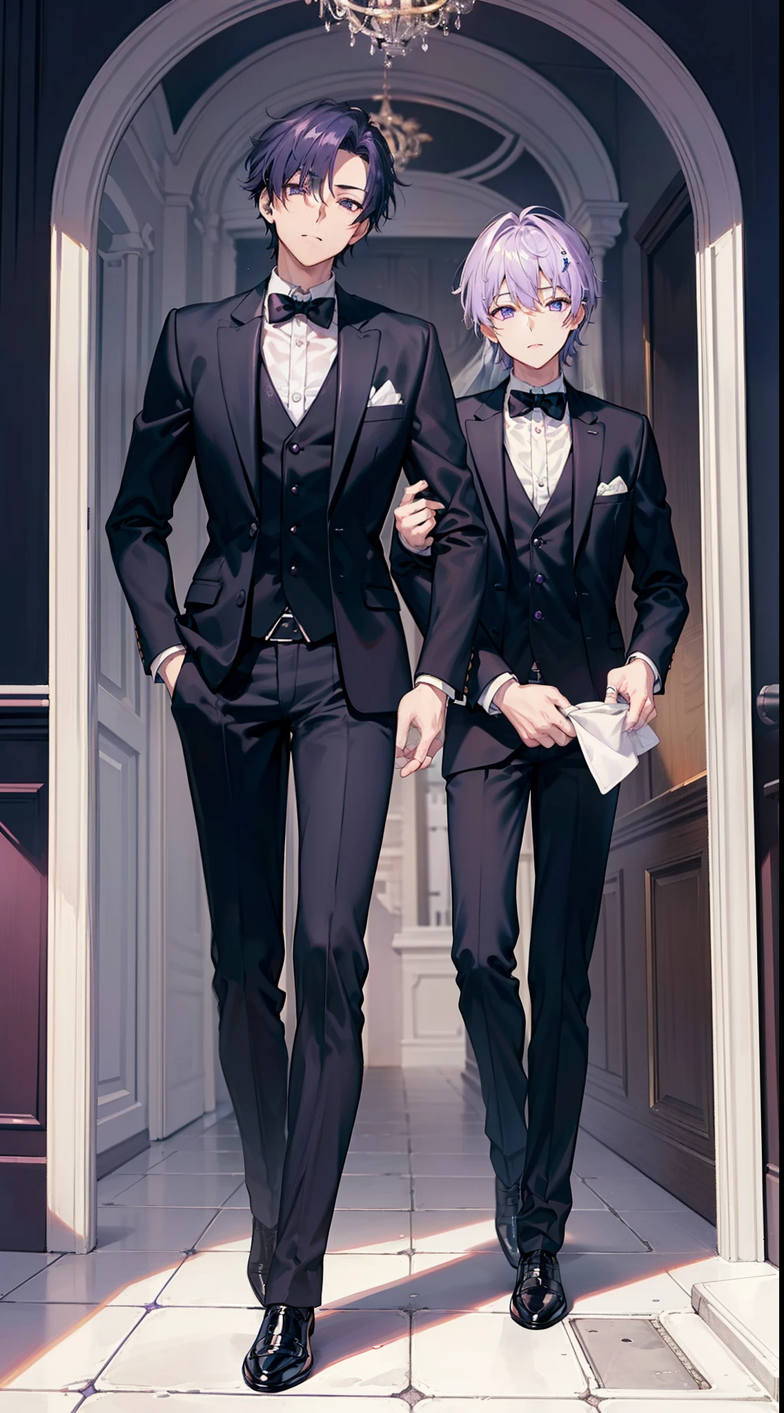 masterpiece, (bestquality), highlydetailed, ultra-detailed,1 boy, purple hair:1.5), (Beautiful Boys)，(shoun)，Full Length Shot(FLS),(beautiful face, cute expression), ( charming), detailed purple eyes,(elegant groom), (black suit), (white shirt), (black bow tie), (well-fitted), (shiny shoes), (clean-shaven), (gelled hair), (expressiveless), (wedding ring), (boutonniere), (classic lapel pin), (pocket square), (subtle check pattern), (tailored fit)