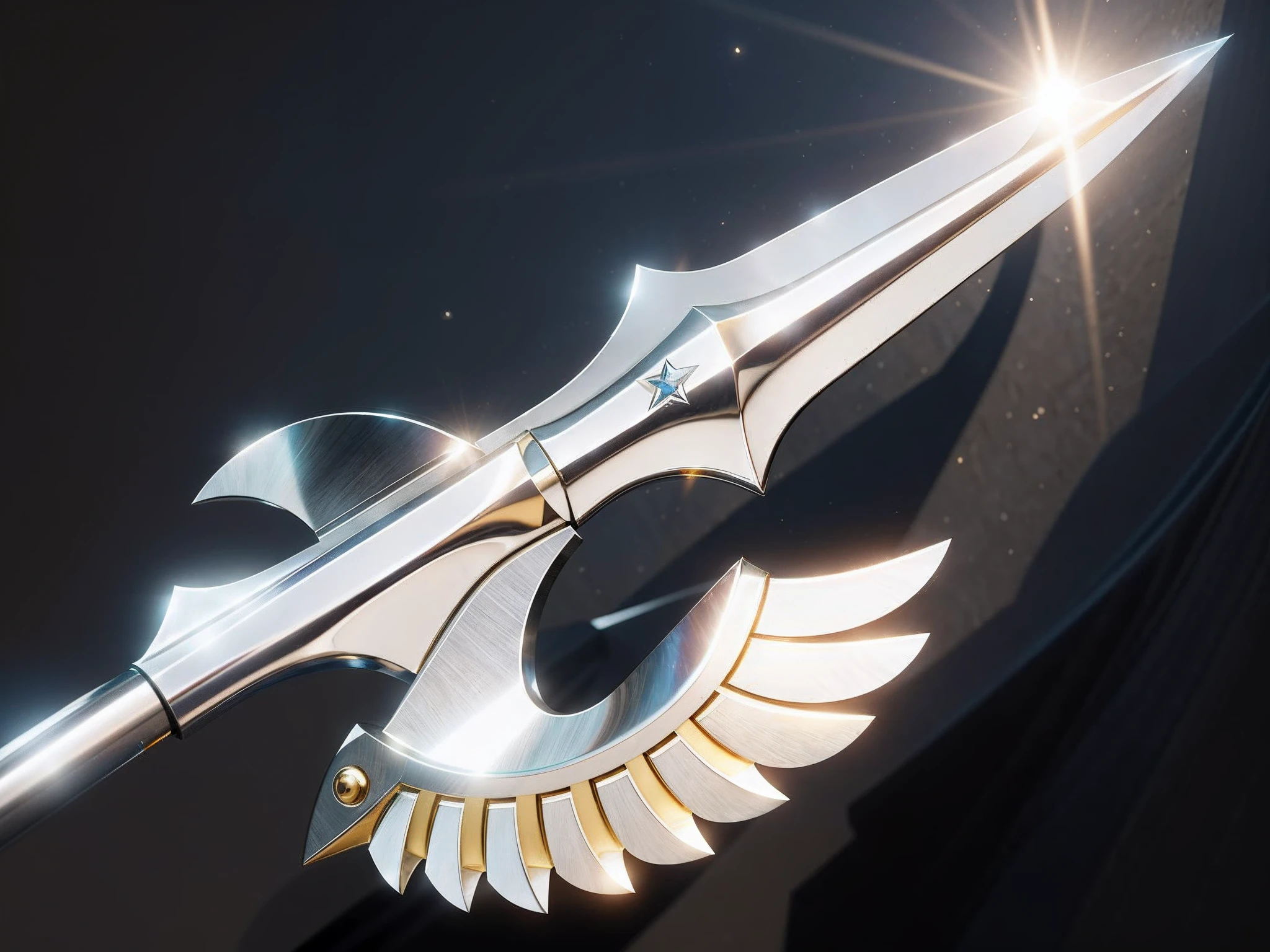 Masterpiece, Best quality, 8K, Realistic, Silvery-white halberd, Sharp halberd, Sharp serrated hook on a halberd, Halberd, A sharp double-edged sword, javelin, Close-up of a pair of scissors，There are wings on the scissor handle，There is a star in the background, Unreal Engine 5 quality rendering, The kinetic energy is always stable, Artistic sculpture