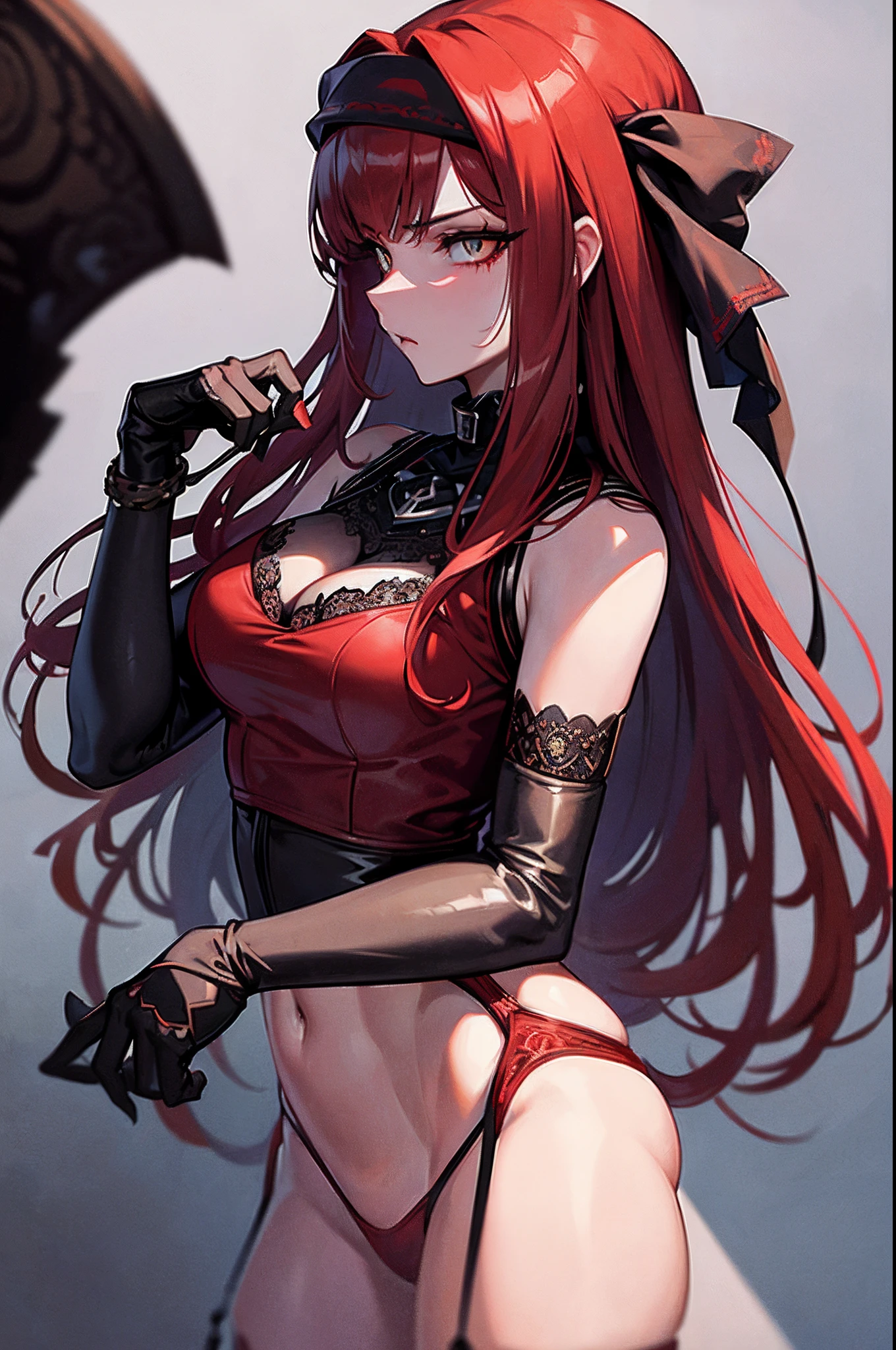 ((masterpiece)), ((best quality)), 1girl, long hair, big bust, ((red hair)), profile picture, close-up, profile photo, very long red hair, ((intimidant look)), sexy pose, ((blood marks)), yellow eyes, ((white lace lingerie)), ((chains)), leather, dark colors, ((bandana)), brillant eyes, heels, fishnet stockings, ((wavy hair)), exposed skin, ((intimidant look)), good anatomy, ((dominant)), ((straight cut bangs)), long gloves, evil, emotionless, intimidant, bloody, ((beautiful eyes)), dark background, close up, ((detailed eyes)), beautiful eyes, hair bang, frontal look