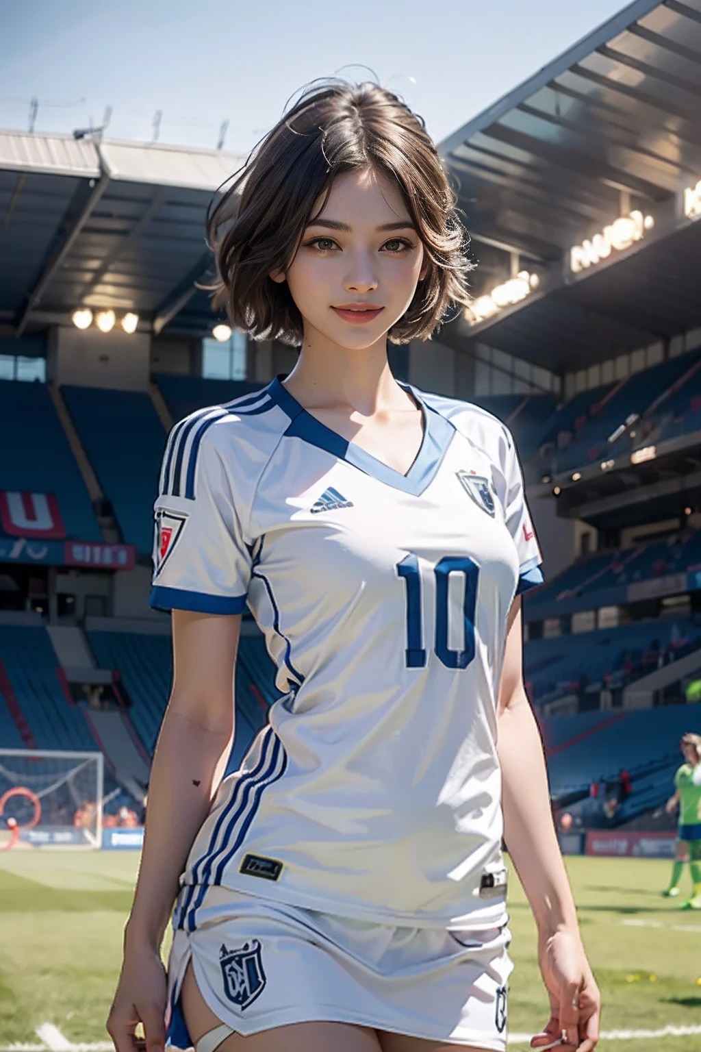 (8K, Raw photo, top-quality, masterpiece: 1.2), masterpiece, super detailing, Ultra-high decomposition energy A, (Realistic and realistic photos: 1.37), high-definition RAW color photography, Very delicate and beautiful., About Igree, 8K Wallpaper, astonishing, detaileds, extremely detailed eye, highlydetailed skin, extremely detailed fingers, highly detailed nose, highly detail mouth, perfect anatomia,1girl in, (Sexy Football Uniforms), a miniskirt,large full breasts,A slender,Toned buttocks,Stockings,Keep one's mouth shut、Smile happily、largeeyes、Distinct double eyelids、Eye lashes、long neck、Absolute area、Clean collarbone、face perfect、thin lips、a small face、(Gaze towards the viewer、Highlights in the eyes、Light brown eyes、Gloss on lips) , (Soccer Field:1.4) jewely, Cute smile,Short hair, Solo, 18year old、hposing Gravure Idol, (Powerful mid-range shot off the dribble:1.4),Perfect Lighting,dynamic ungle,