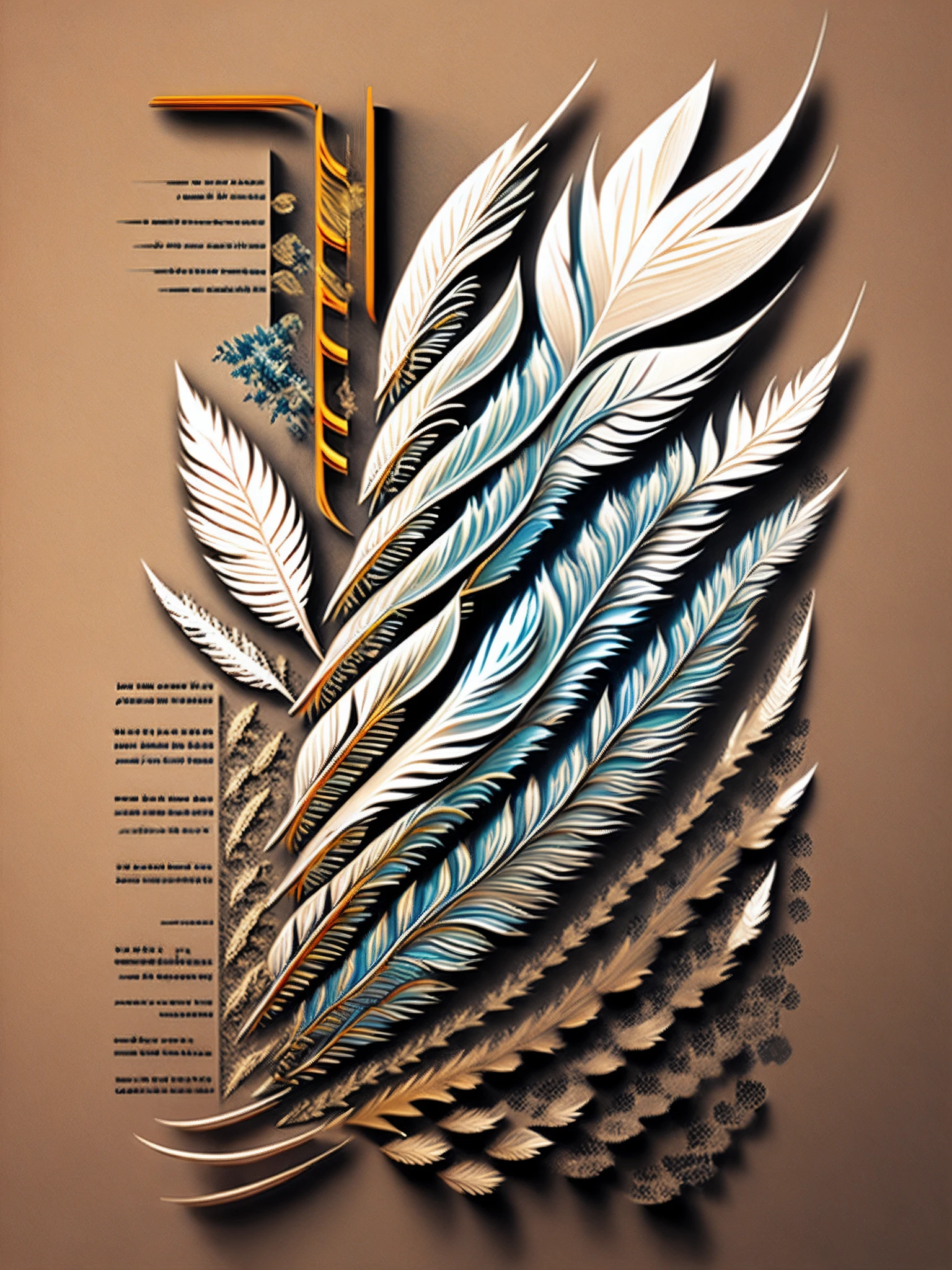 Feathers of Wisdom: Stylized feathers that transform into words or symbols, representing the quest for understanding and the expression of thought