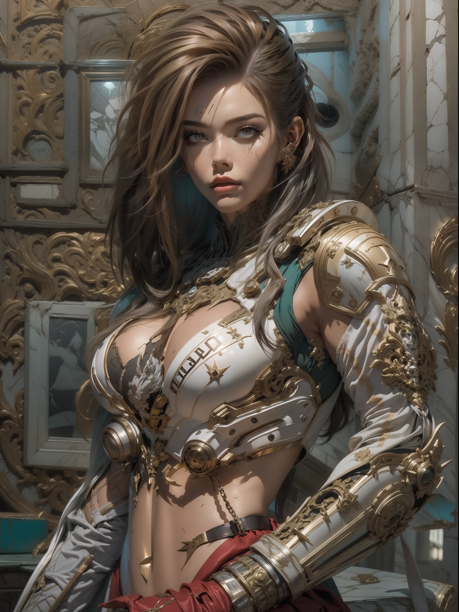 (((mulher))), (((melhor qualidade))), (((obra prima))), (((adulto))), (((1girl))), ((( corte de cabelo bob ))), Uma gladiadora cyberpunk mulher de 25 anos com corpo perfeito, shoulder pads with metal spines, Gladiadores do Brooklyn, (( corte de cabelo bob )), tiny leather panties, camiseta de time de rugby rasgada, quase nua no estilo selvagem urbano de Simon Bisley para a capa da revista Heavy Metal, Cabelo loiro curto, Minimum clothing, Metal protection on the left arm with intricate graphics, Dark red with white stars and blue and white striped pattern, armadura, cheio de pontas e rebites, tatuagem de veneno (((do joelho pra cima))), cabelos loiro branco curto, no fundo uma parede pintada por Shepard Fairey com um design intrincado