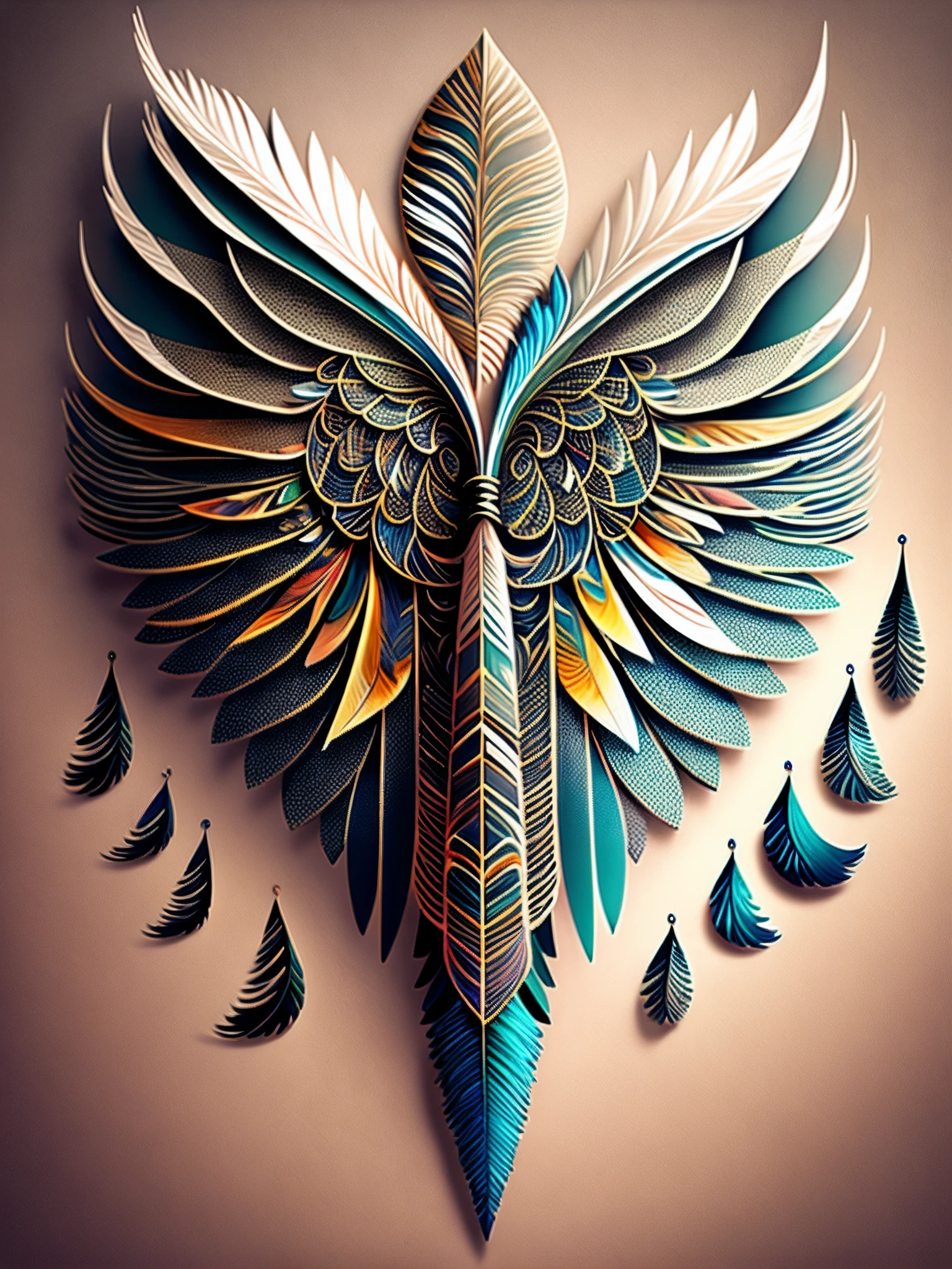 Feathers of Wisdom: Stylized feathers that transform into words or symbols, representing the quest for understanding and the expression of thought