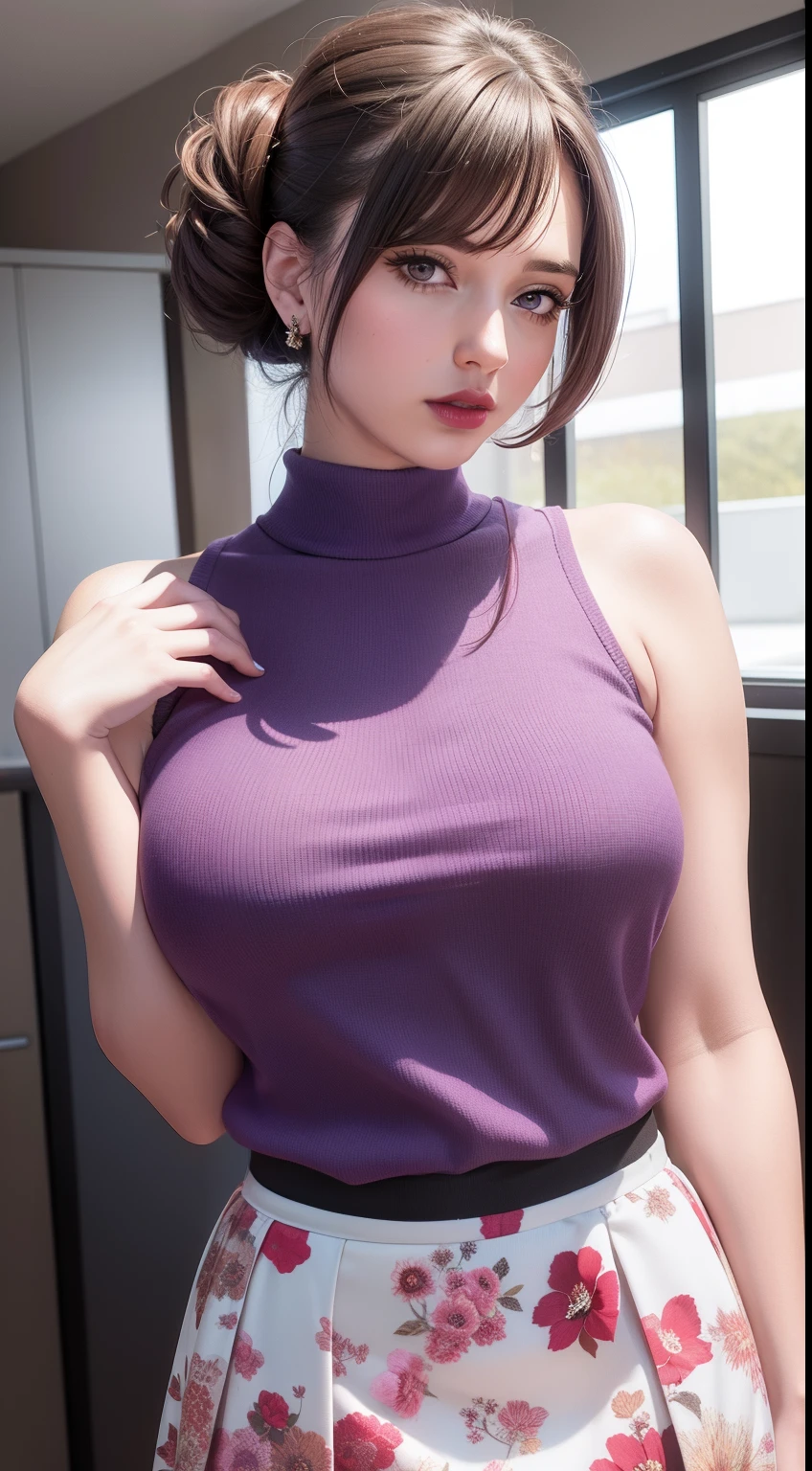 masterpiece:1.5, best quality:1.5, aesthetic, 1girl, sidelocks, cinematic lighting, sharp focus,large breasts , mature female, ,16k, glowing eyes, detailed 4k eyes,
playground,seduction,sexy lips, parted lips,detailed lips,
red lips, high detailed background,((big purple eyes)), detailed face,shiny skin,
auntjunev3,auntjune,,hair bun, bangs, messy hair,
Pink skirt, solo, brown hair, breasts, sleeveless, looking at viewer, large breasts, bag, brown eyes, shirt, holding, floral print skirt, bare shoulders, indoors,red sweater, short hair, shirt tucked in,