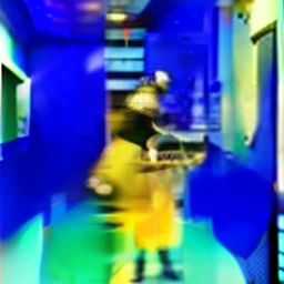 there is a man standing in a hallway taking a picture, in a hotel hallway, in the style of sifu ๐ฅ ๐ ๐น๏ธ ๐ :2, low quality footage, masked person in corner, low quality video, in an action pose, dabbing, dancing in the background, very very low quality picture, official music video, wearing all black mempo mask