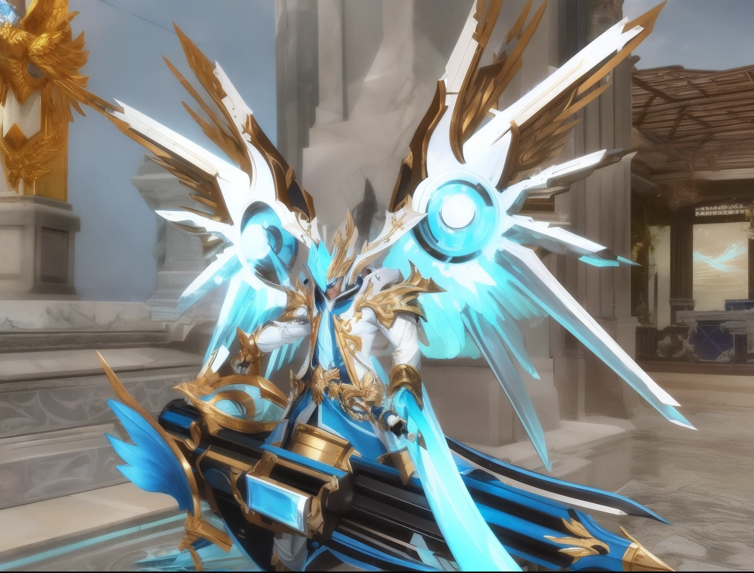 there is a blue and white male game character with wings, from lineage 2, aion, armor angle with wing, winged archer, from ncsoft, lineage 2 revolution style, <mmorpgs scene, gold paladin, sliver ice color reflected armor, holy paladin, archangel, mmorpg, angelic golden armor, pc screenshot, blade and soul, holding a large cannon gun with both hands.