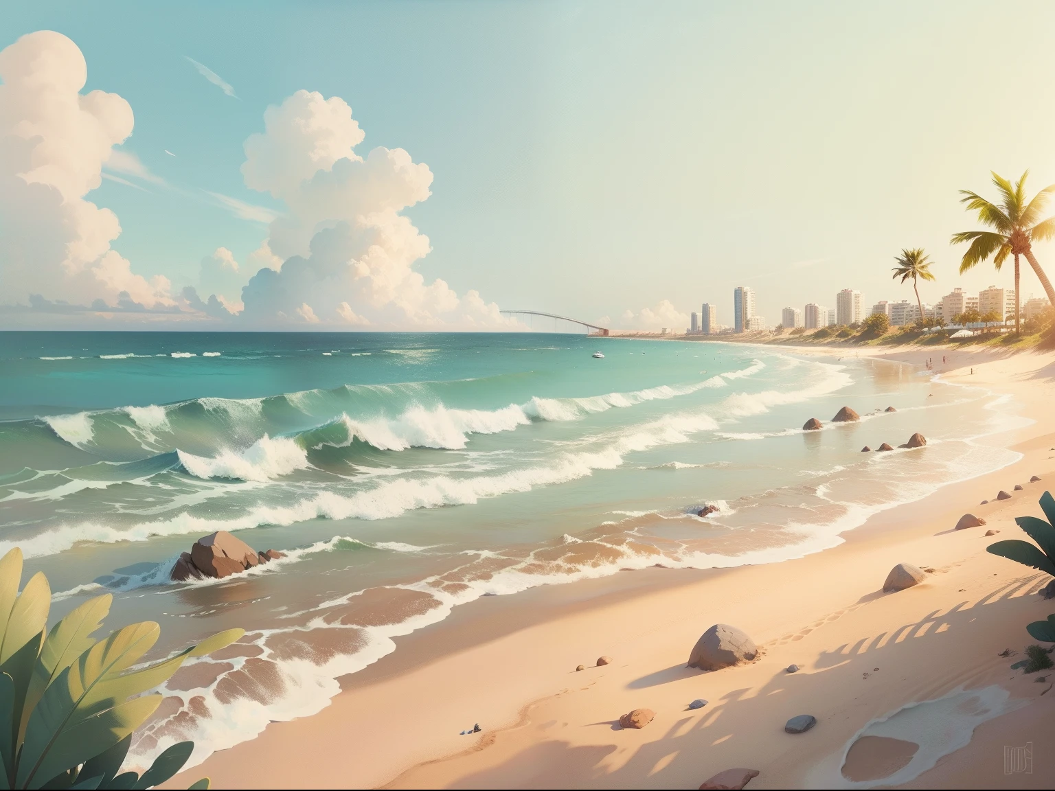 Sunny beach view，Beach view，Cartoon landscape，Simple，spray，sandbeach，Excellent details，The picture is beautiful，Simple colors，The light is gentle，