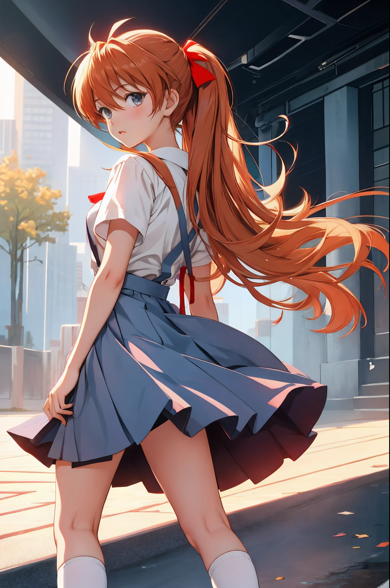 souryuu asuka langley, (masterpiece, best quality, detailed), 1girl, solo, interface headset, suspender skirt, red ribbon, white shirt, school uniform, socks, shoes, upper body, simple background.