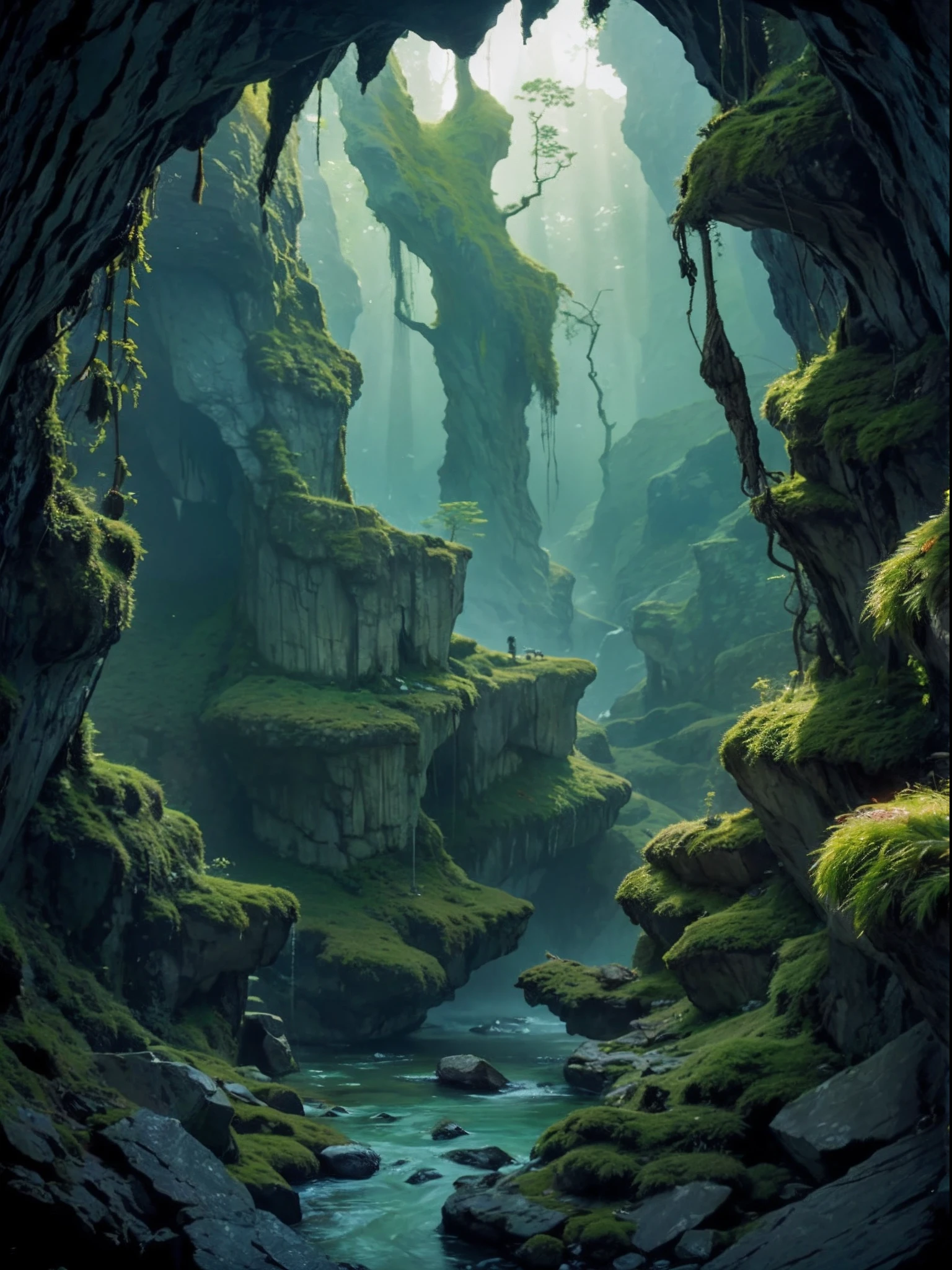 Tree, 8k potrait of beautiful tree in the cave, intricate, elegant, point of interest photography, perfect natural lighting (masterpiece, sidelighting, finely detailed beautiful lanscape), realistic mountain, realistic sky, beautiful sky, medium ray of light, rule of third photography, point of interest photography, perfect lanscape color tone, realistic leaf, falling leaf, realistic grass, realistic climb, realistic tree, sureal photography, cave, realistic moss, water, water reflection, dramatic shadow, nature rope, tree rope, realistic rock stone, Fog, Foggy, yellow glow light