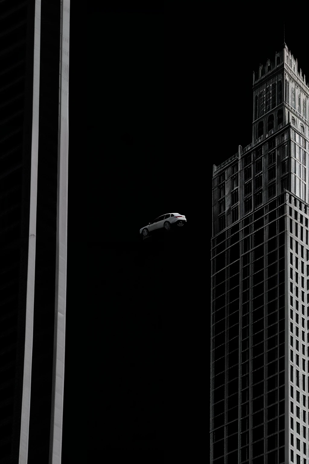 A car runs from a tall building to another building,Like flying over