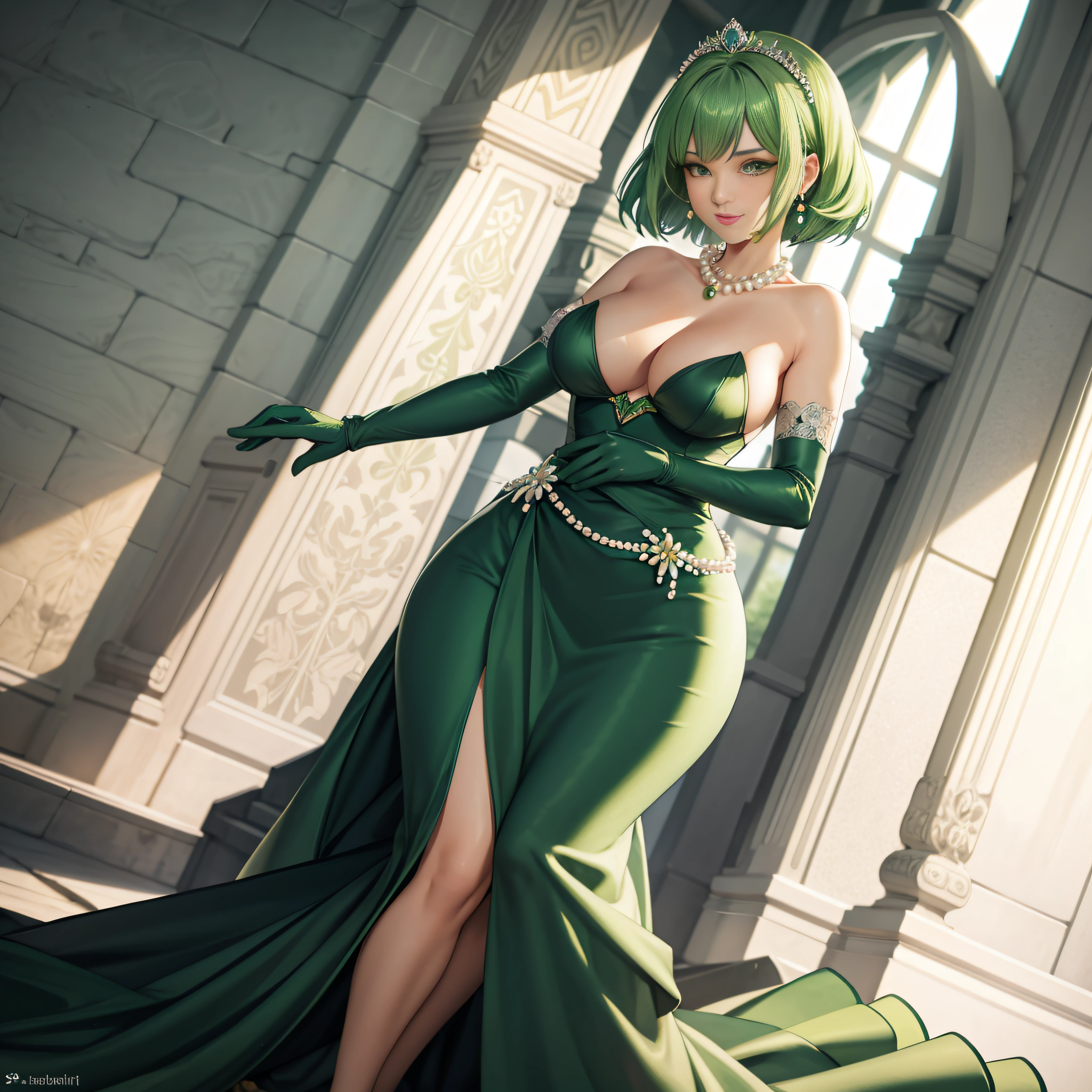 Green Dress Flower Cleanser,Sense of atmosphere, best qualtiy,tmasterpiece,1girll,30-years old,Green dress,Daytime Church,full body Esbian, Green gloves,With short green hair,big breasts beautiful,looking at viewert,ssmile,Green Bridal Veil,Green Long Grove,Satin green long gloves, lipsticks, Pearl Necklace、Green gloves, emerald tiara, A Japanese Lady