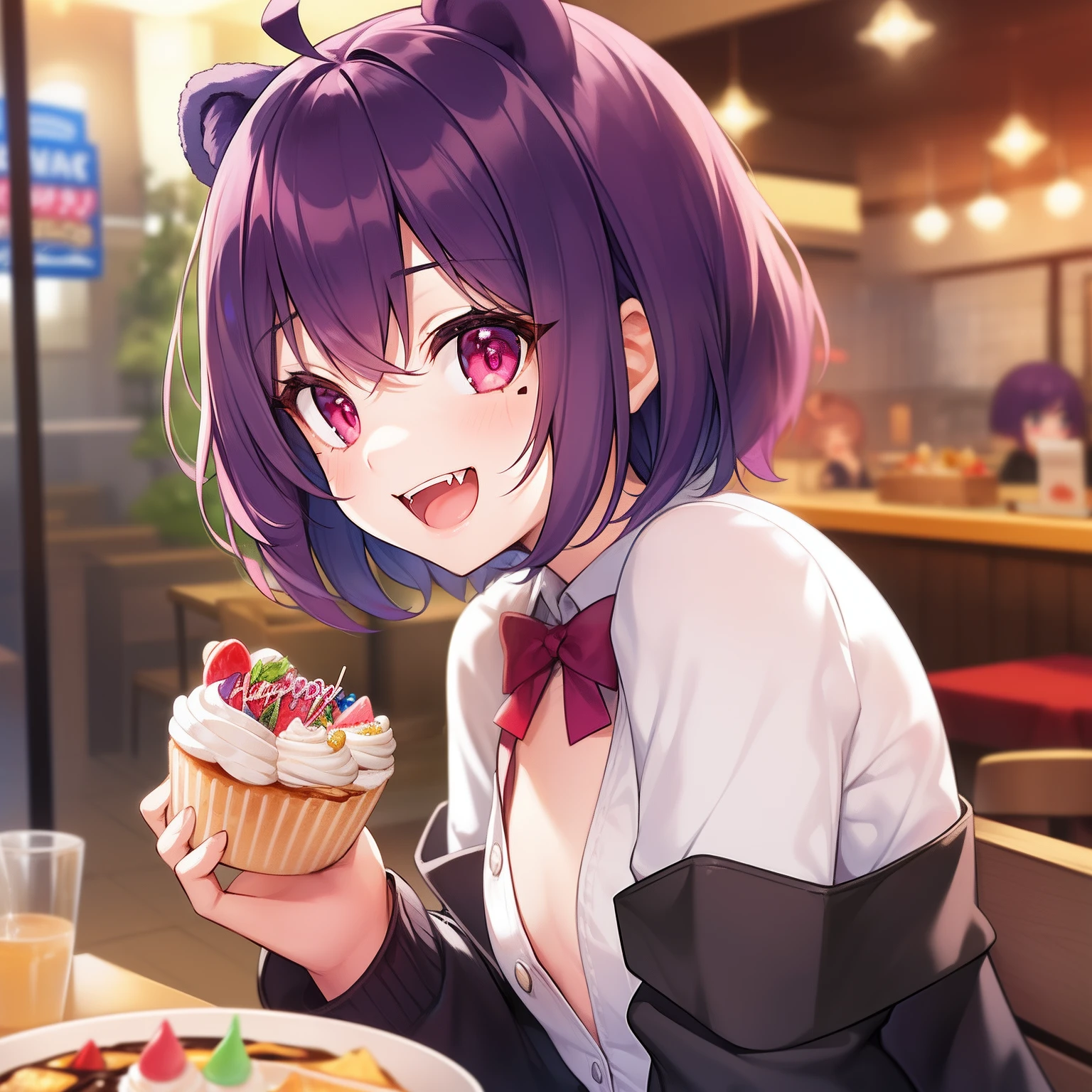 1girl, solo, animal ears, pose, happy, smiling, fangs, purple bear ears, purple hair, ahoge, bangs, short hair, original character, pink eyes, magenta eyes, red eyes, multicolor eyes, short hair, wavy hair, swept bangs, small breasts, flat chest, bear ears, tired, sleepy, bags under eyes, beauty mark, young, li, short eyebrows, restaurant background, indoor background, laughing, food awe, food, looking at food, star pupils, awe, food, food plate, eating, cake, birthday cake, birthday, party, birthday party, happy birthday, happy, excited