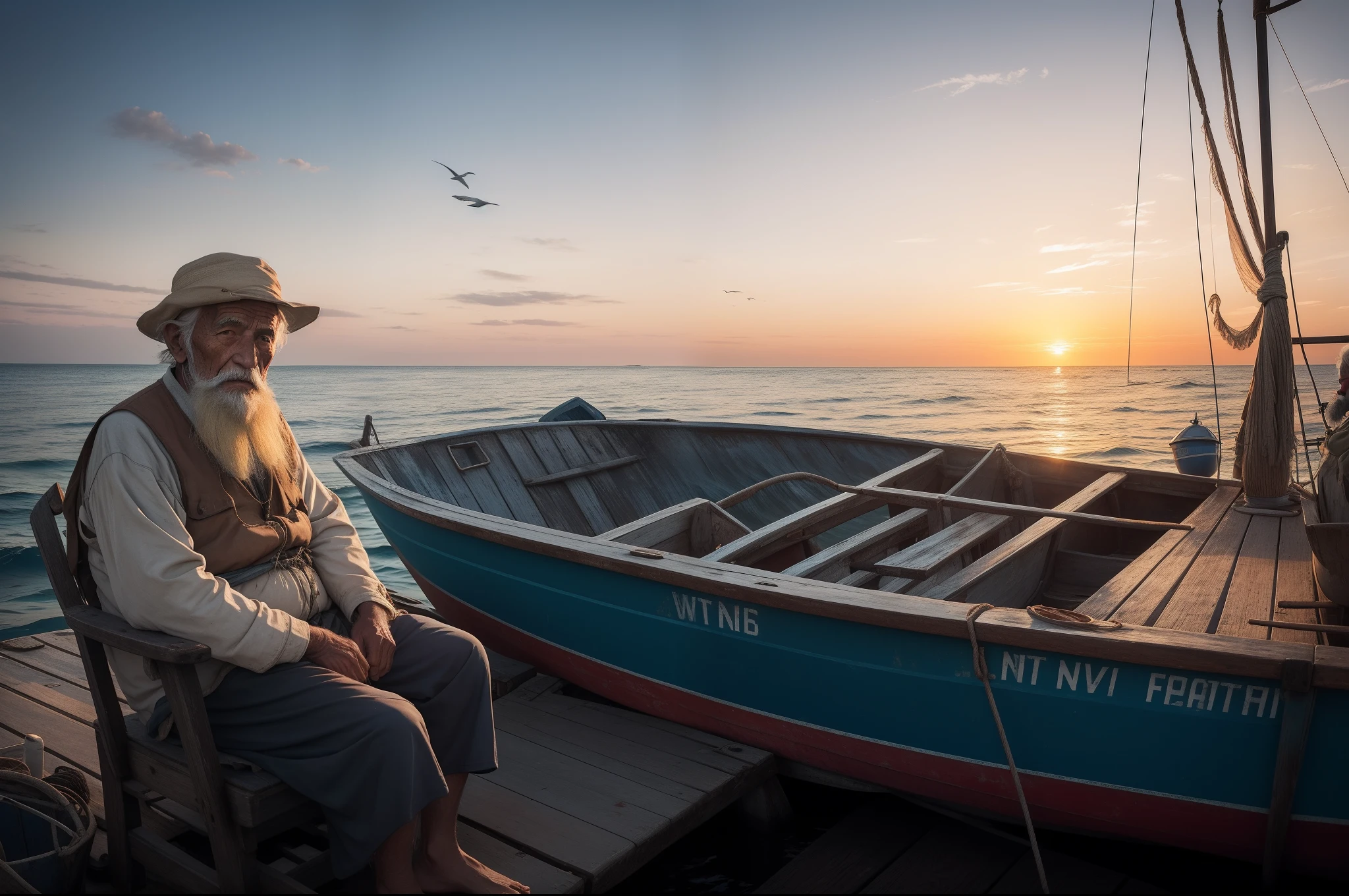 Portrait of a very old fisherman watching the sunset , dress with worn out clothes, sitting on his old boat. Endless sea with small waves, cirrus clouds, marine birds flying. Boat with fishing baskets.