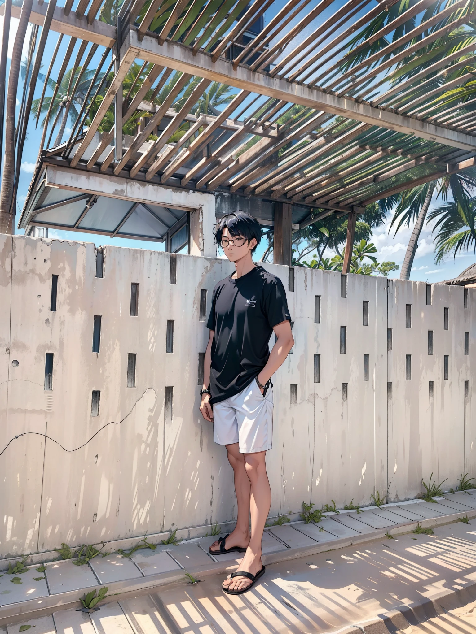 there is a man standing next to a wall with a black shirt, standing near the beach, standing at the beach, next to a pool, 165 cm tall, 155 cm tall, standing next to water, lifestyle, standing on a beach in boracay, summer shirt, in style of lam manh, profile shot, standing beside the ocean