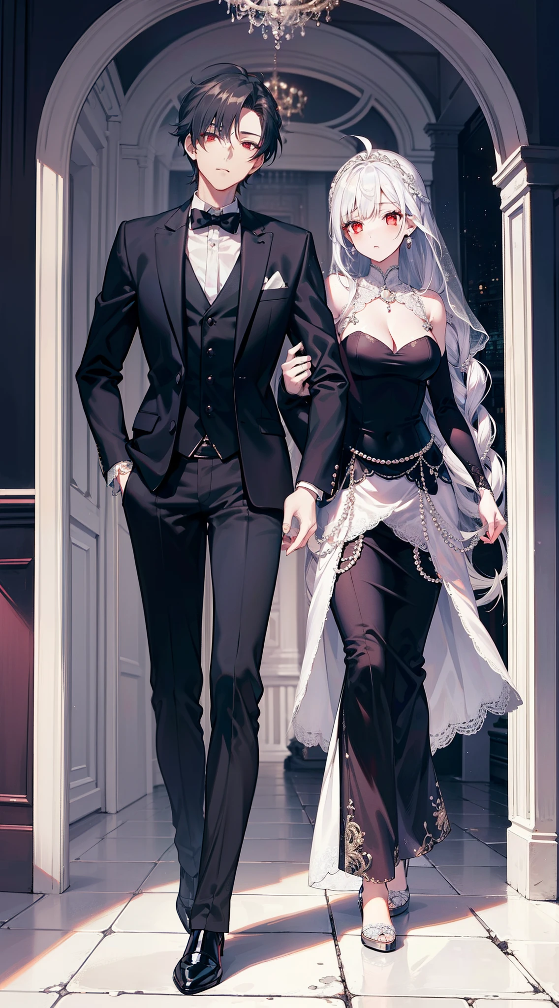 masterpiece, highlydetailed, (bestquality), 1girl,bishoujo,stare,red eyes,beautiful detailed eyes,long hair,hair straight，white hair,silver_hair,Wing-like bangs，Dull hair,ahoge,Hair rings,braid, cold,Sharp eyes，bridal gown, glowing bride, white wedding dress, long veil, delicate lace, intricate beading, (roses:0.5), (pearl jewelry), elegant updo, (tall heels), soft lighting, romantic atmosphere,Full Length Shot(FLS),