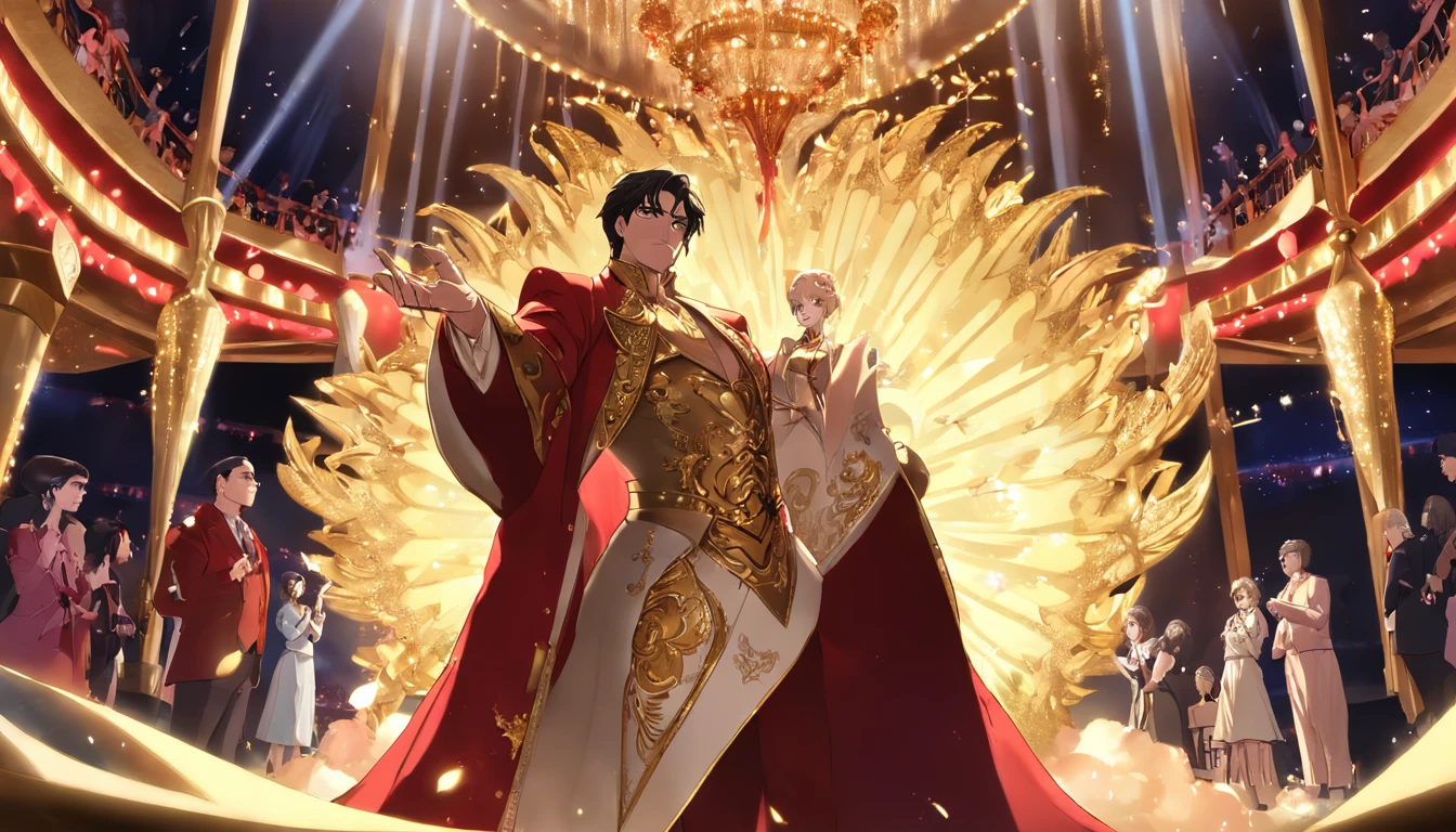 A chubby guy with the look of Elvis Presley, elegantemente vestido com um smoking dourado coberto de lantejoulas, is sitting on a red velvet throne. His eyes sparkle with admiration as he observes a large heart ornamented with golden rococos that radiates a warm, golden light, creating a magical and enchanting atmosphere.