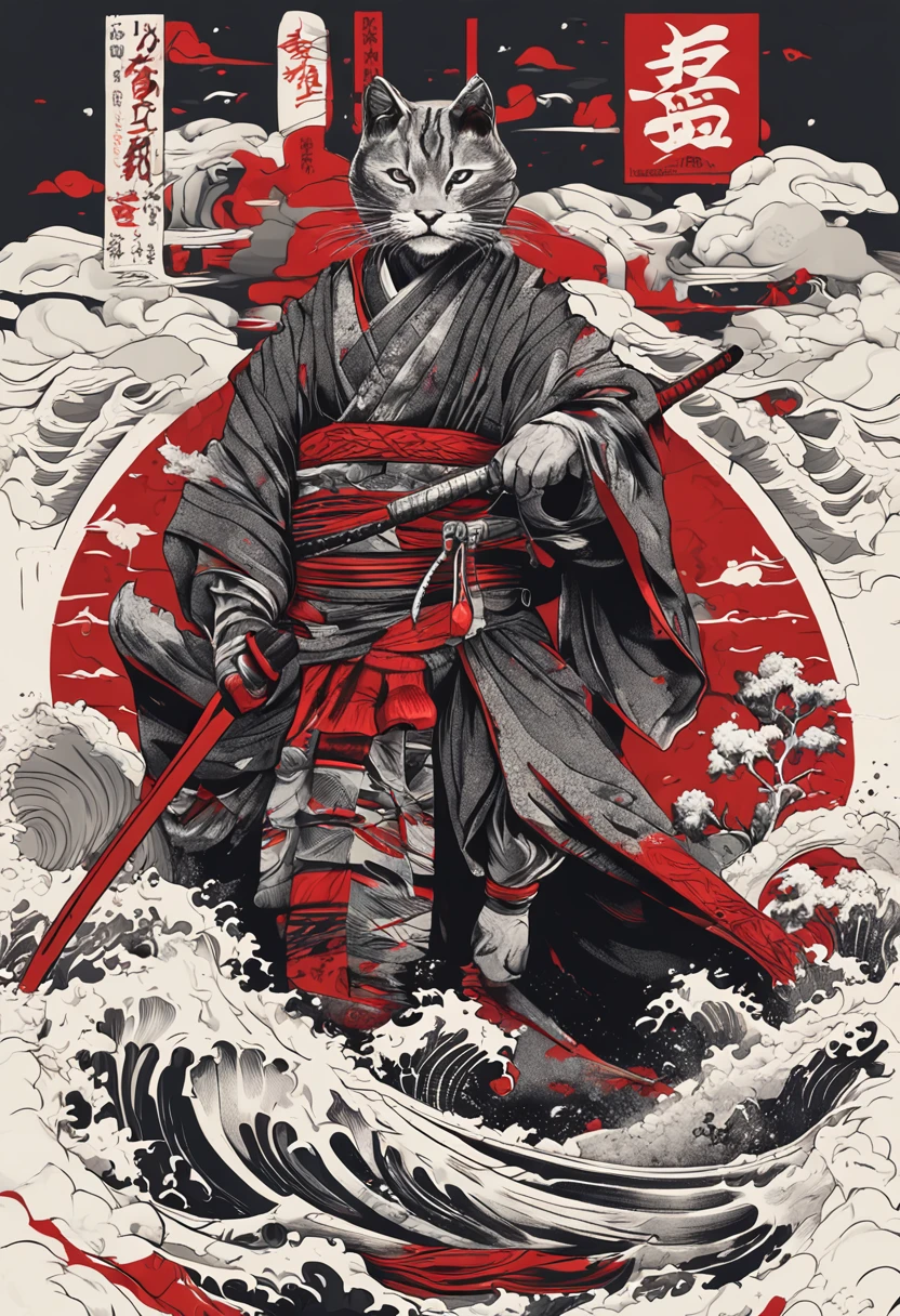 "(gato samurai preto+vermelho+branco), incredible details, pose feroz, Traditional Japanese background, epic illustration, Flawless image quality"