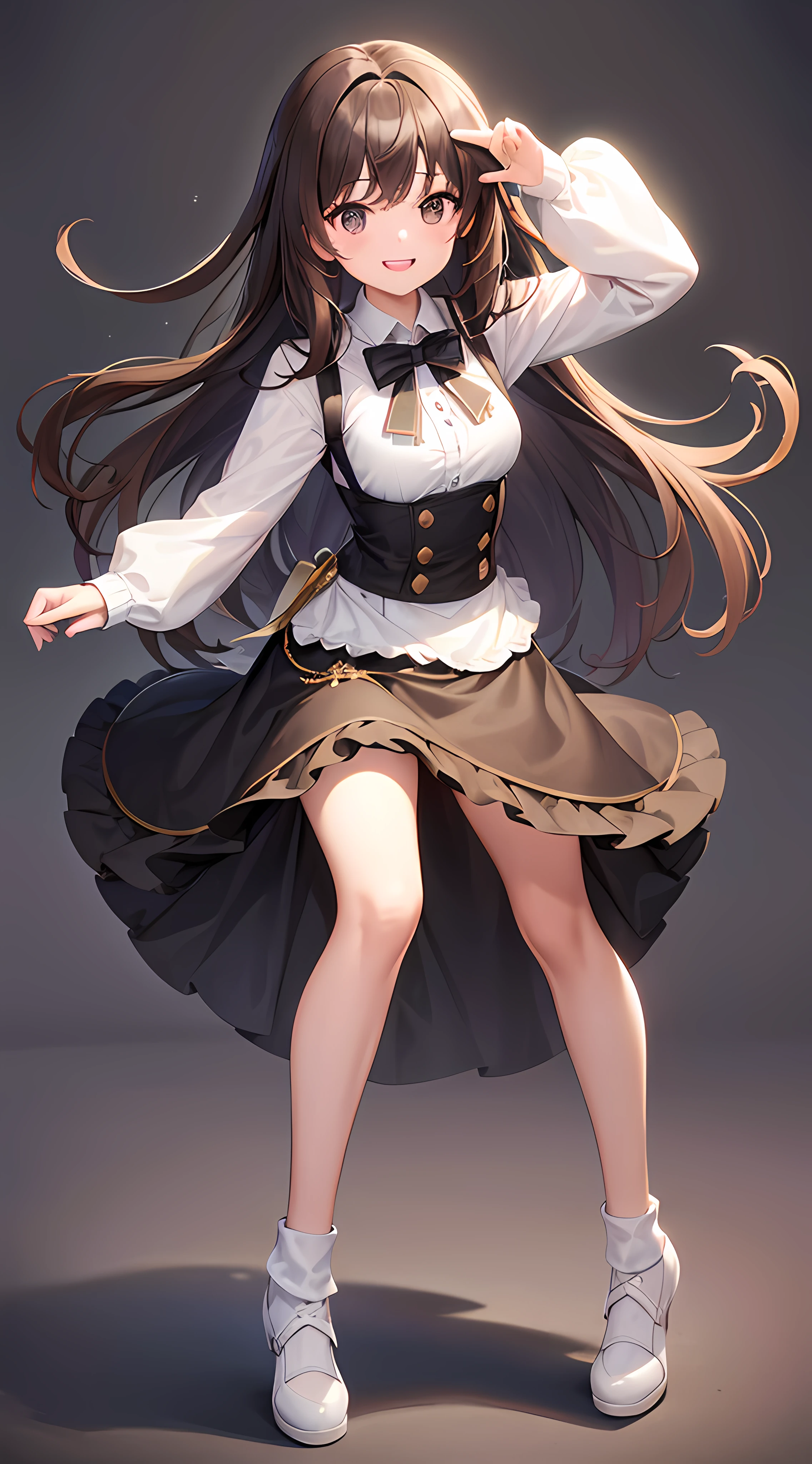 1girl, brown hair, HQ, 8K, gradient hair, black hair, t-pose, white background, simple background, full body, smile, black eyes, large skirt