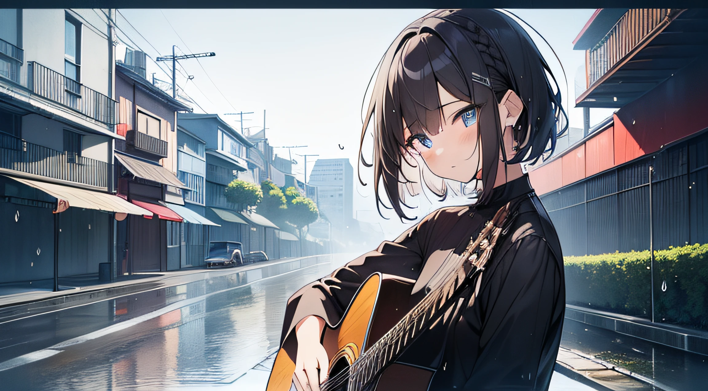 masutepiece, Best Quality,Illustration, Wallpaper, Ultra Detail, absurderes, 1girl in, Solo, (Medium short hair、short braided hair), Beautiful detailed eyes, rainfall、water dripping、wetting hair , Looking to the side, (Street:1.5), Cloudy sky、Distant Moon、guitar、acoustic guitar