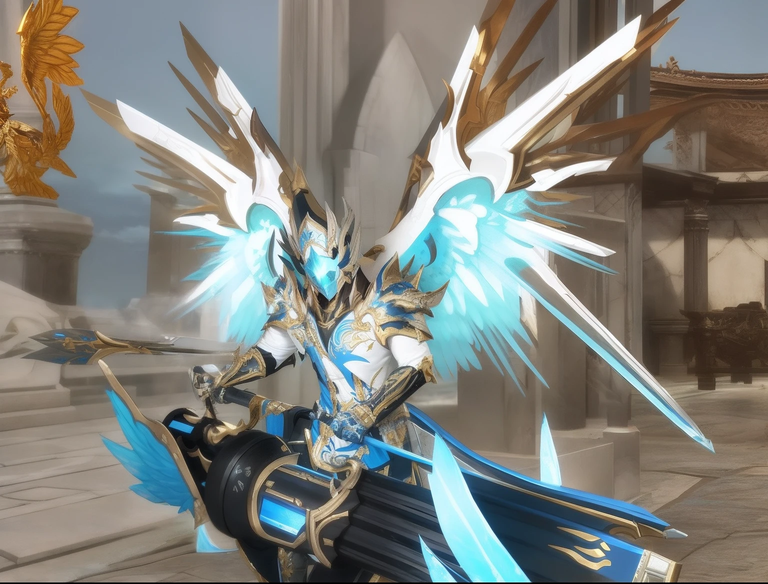 there is a blue and white male game character with wings, from lineage 2, aion, armor angle with wing, winged archer, from ncsoft, lineage 2 revolution style, <mmorpgs scene, gold paladin, sliver ice color reflected armor, face mask, holy paladin, archangel, mmorpg, angelic golden armor, pc screenshot, blade and soul, holding a large cannon gun with both hands.