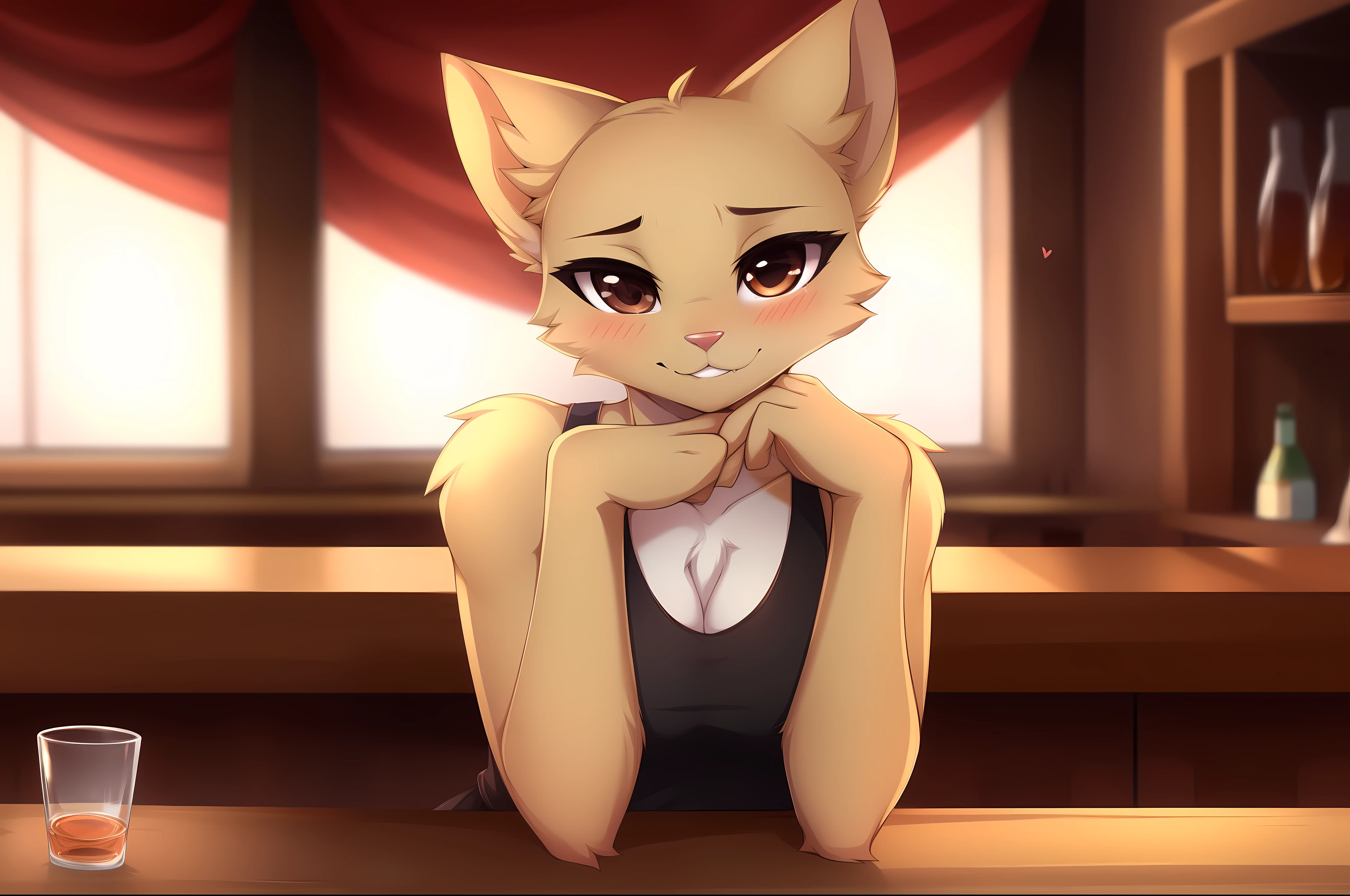 katia, cat girl, furry anthro, solo, dark brown eyes, (furry body:1.1), (best quality), wearing black tank top, close up, at a bar, leaning on a round table, empty glass cupsin front of her, eyes half closed, blushing, biting_lip:1.4, little hearts floating around her, front view, by teranen, by woolrool