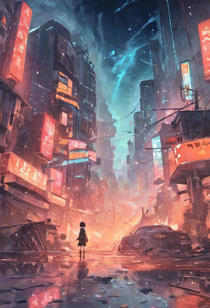 Cityscape of a post-apocalyptic future, devoid of any signs of life some paiting strokes mixed with newspaper