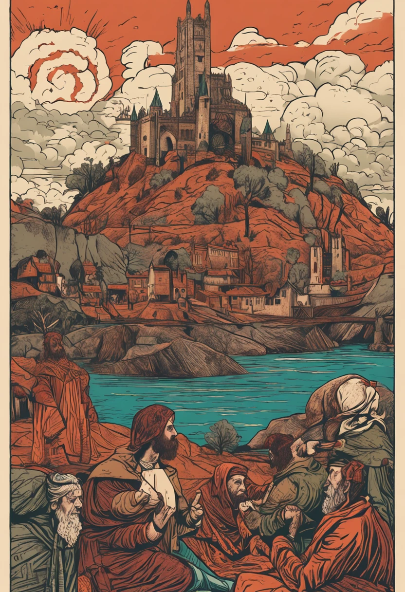 Um bardo com seus 30 anos vestindo uma capa surrada em uma viela medieval
