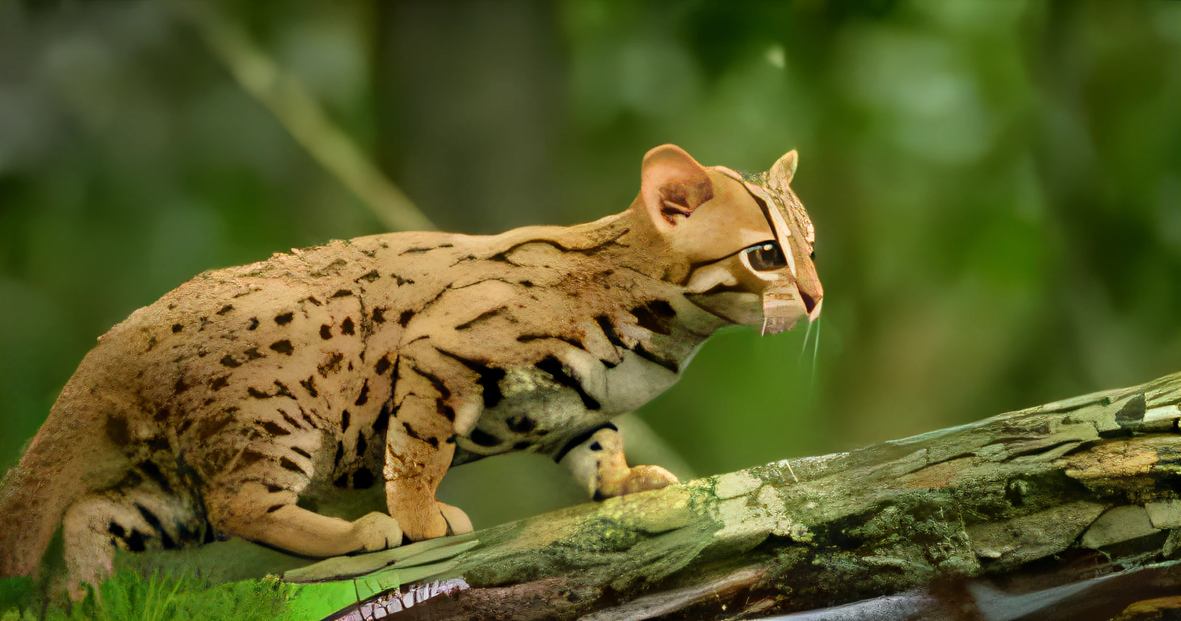 There is a cat walking on a tree branch, margay, tabaxi, tabaxi male, Cat in the forest, Michel Othello, Cat Giraffe Hybrid, neferpitou, hybrid of mouse and cat, cute animal, Gaturo, Hisashi, Sand Cat, Someone, prowling through the forest, ohwx, a cute little cat