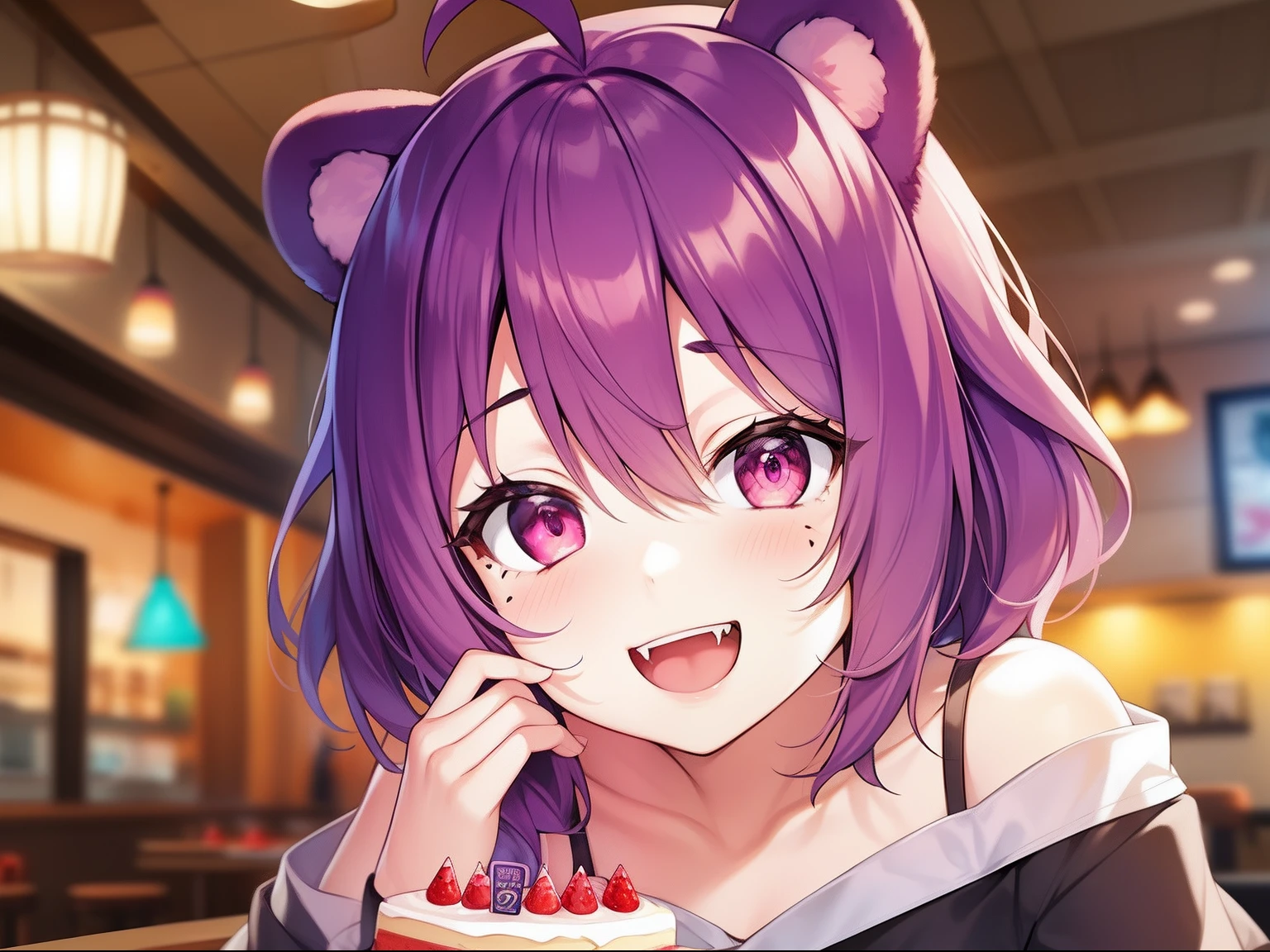 1girl, solo, animal ears, pose, happy, smiling, fangs, purple bear ears, purple hair, ahoge, bangs, short hair, original character, pink eyes, magenta eyes, red eyes, multicolor eyes, short hair, wavy hair, swept bangs, small breasts, flat chest, bear ears, tired, sleepy, bags under eyes, beauty mark, young, loli, short eyebrows, restaurant background, indoor background, laughing, food awe, food, looking at food, star pupils, awe, food, food plate, eating, cake, birthday cake, birthday, party, birthday party, happy birthday, happy, excited