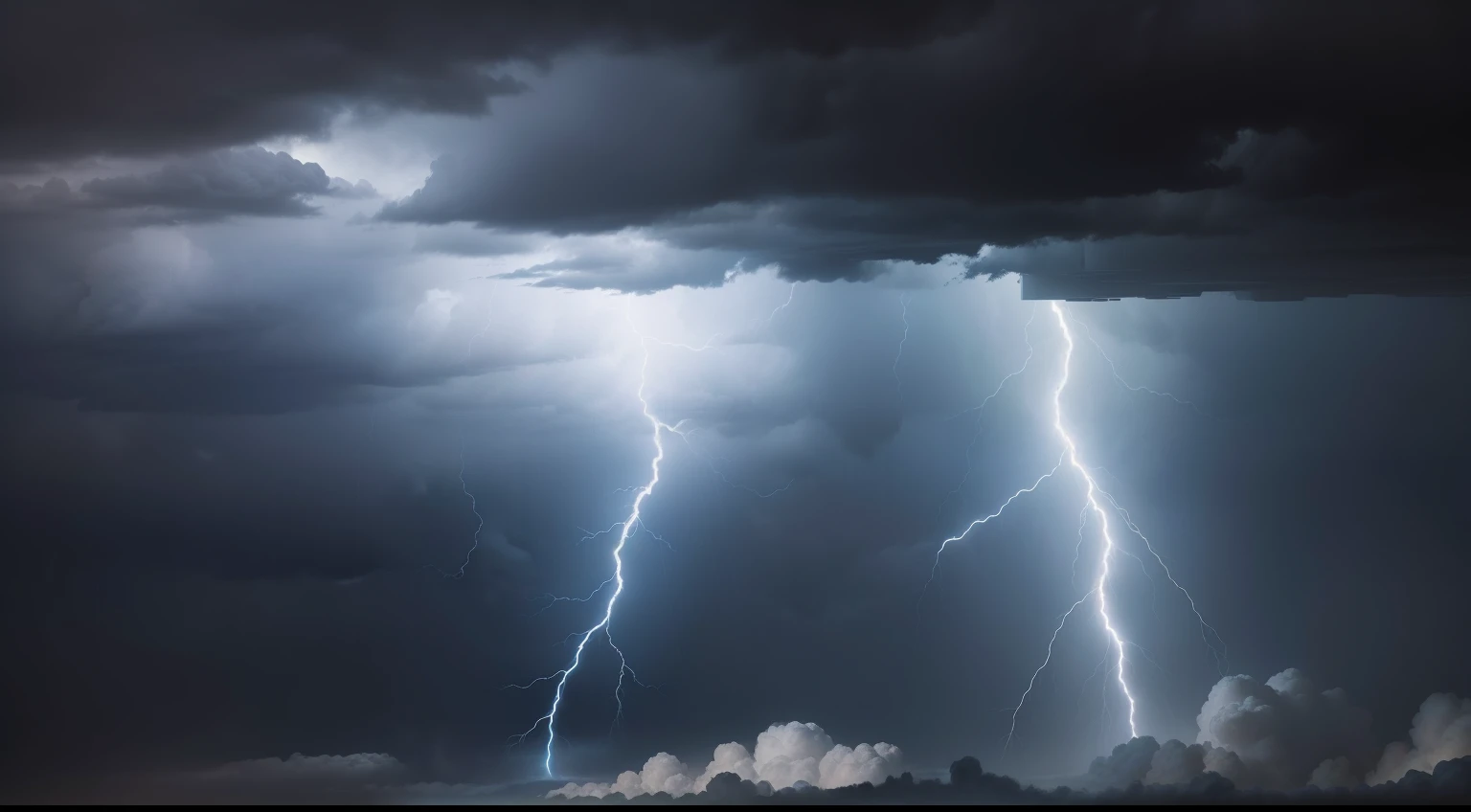 zoom into an overcast sky with strong lightning and thunder, and large drops of water and rain trickling down and falling