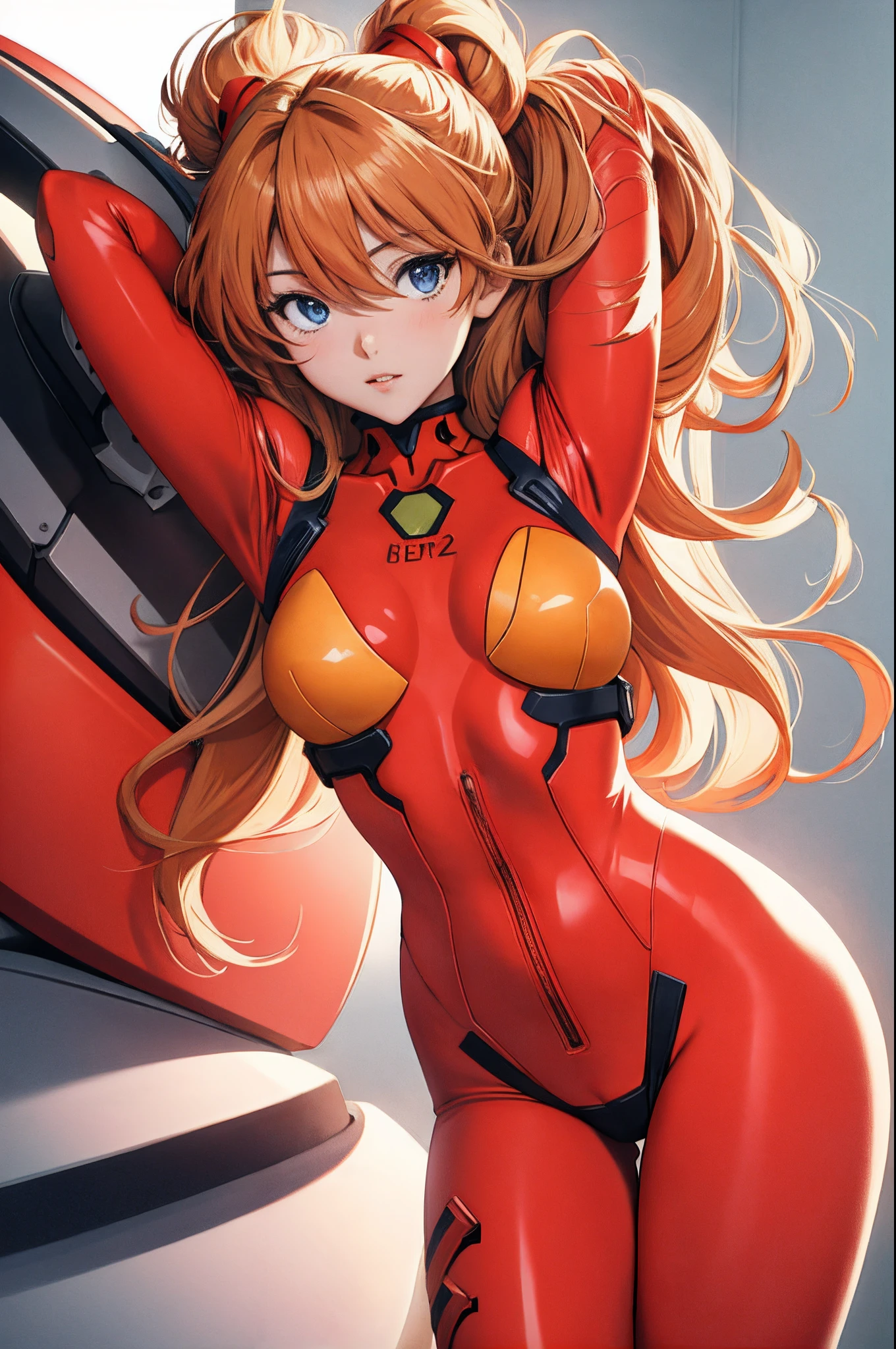 souryuu asuka langley, (masterpiece, best quality, detailed), 1girl, solo, arms behind head, cowboy shot, interface headset, red bodysuit, simple background.