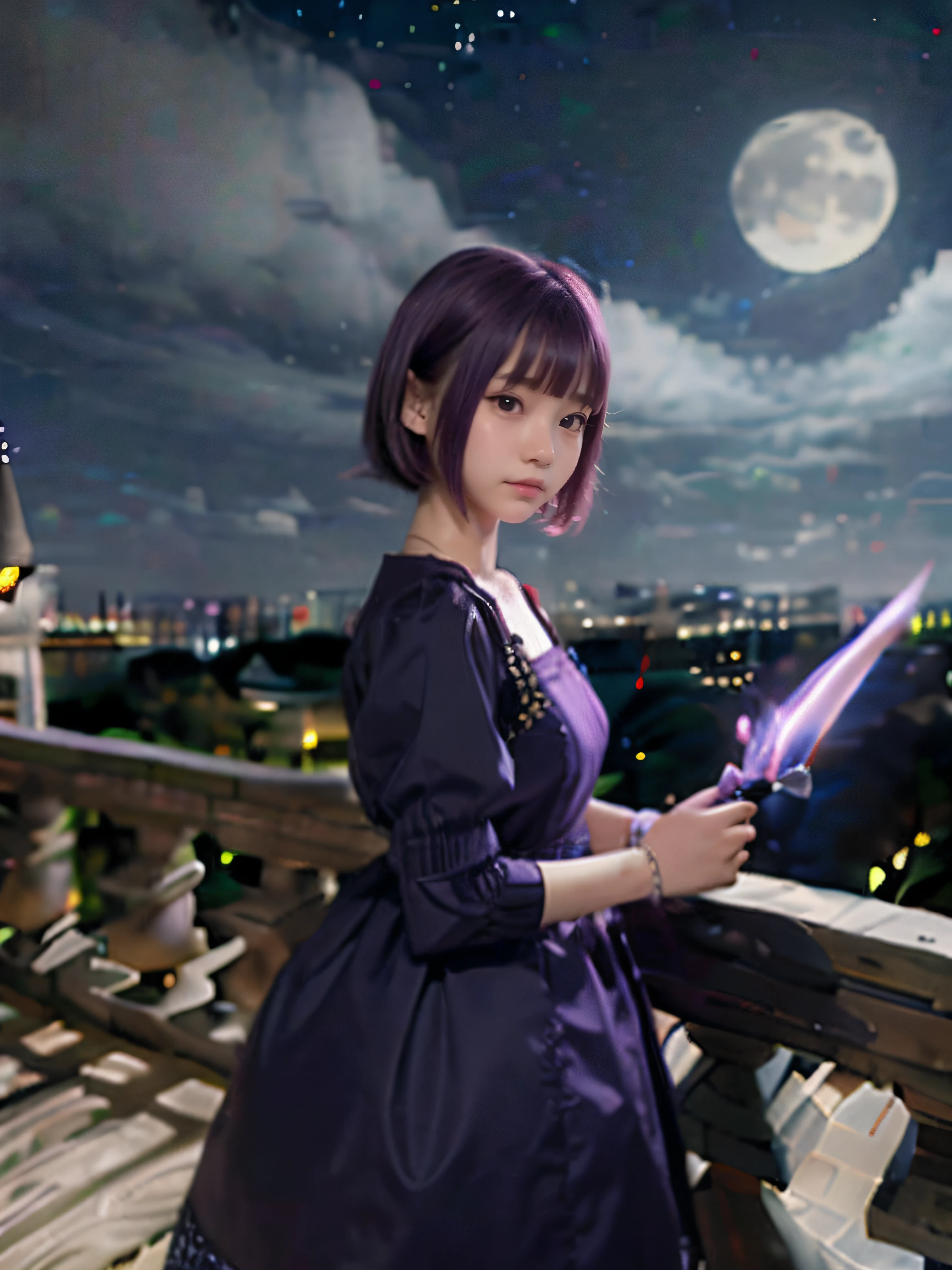 8K、detaileds、Vivid、A detailed face、14 years old girl、kawaii、short in stature、Young Face、Inappropriate smile、purple color  hair、Dress style clothes、(Bracelet on right wrist)、Holding a dagger in your hand、Castles、a dark night、Moonlight shines、2.5 dimensions、Anime style