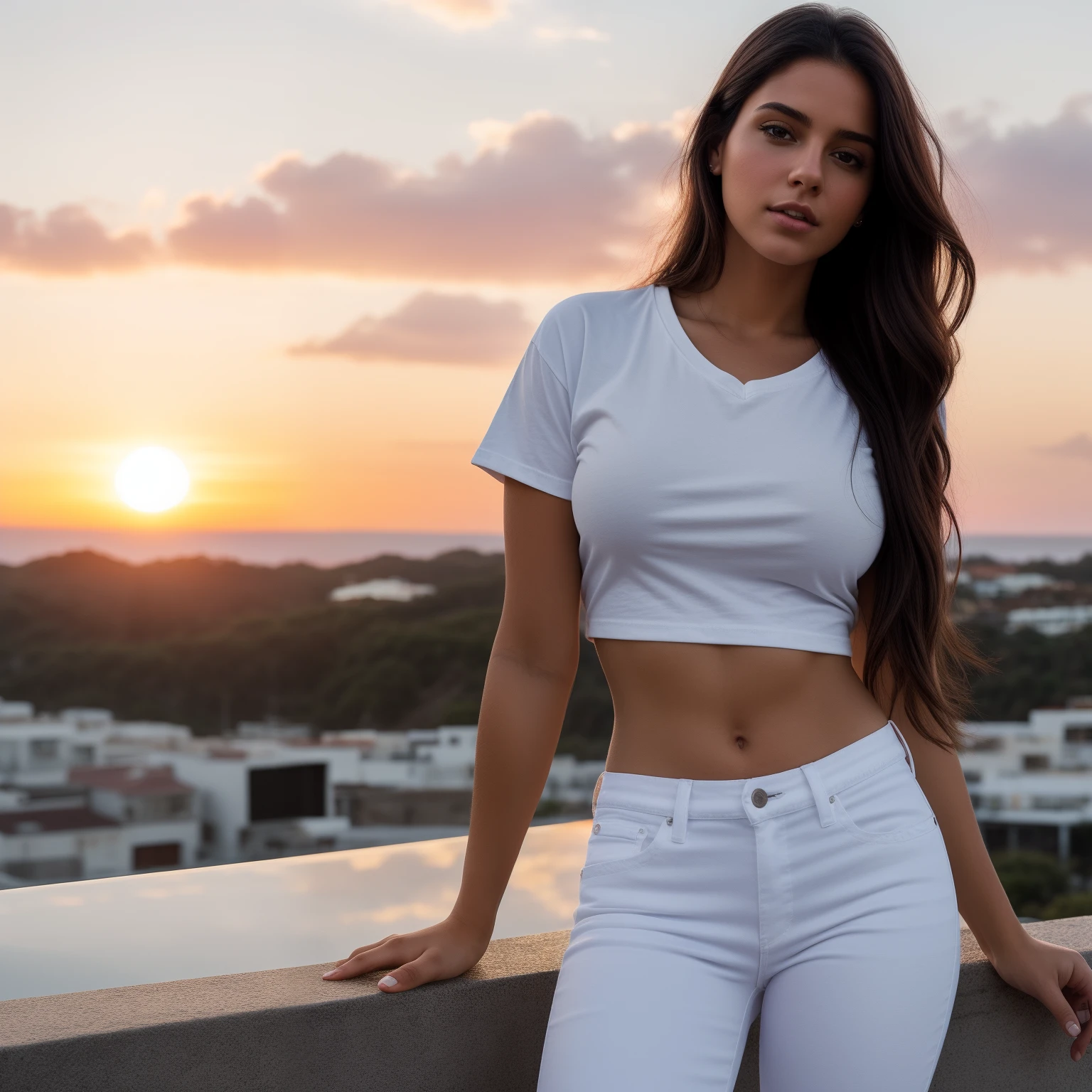 Portrait, photorealistic portrait, full-length, beautiful young woman, cozinha features, dressed in an oversized white T shirt and oversized jeans, against a crimson sunset, dramatic sky. Correct anatomy, athletic build, very long dark hair, brown eyes. Professional lighting, high detail, 4K,