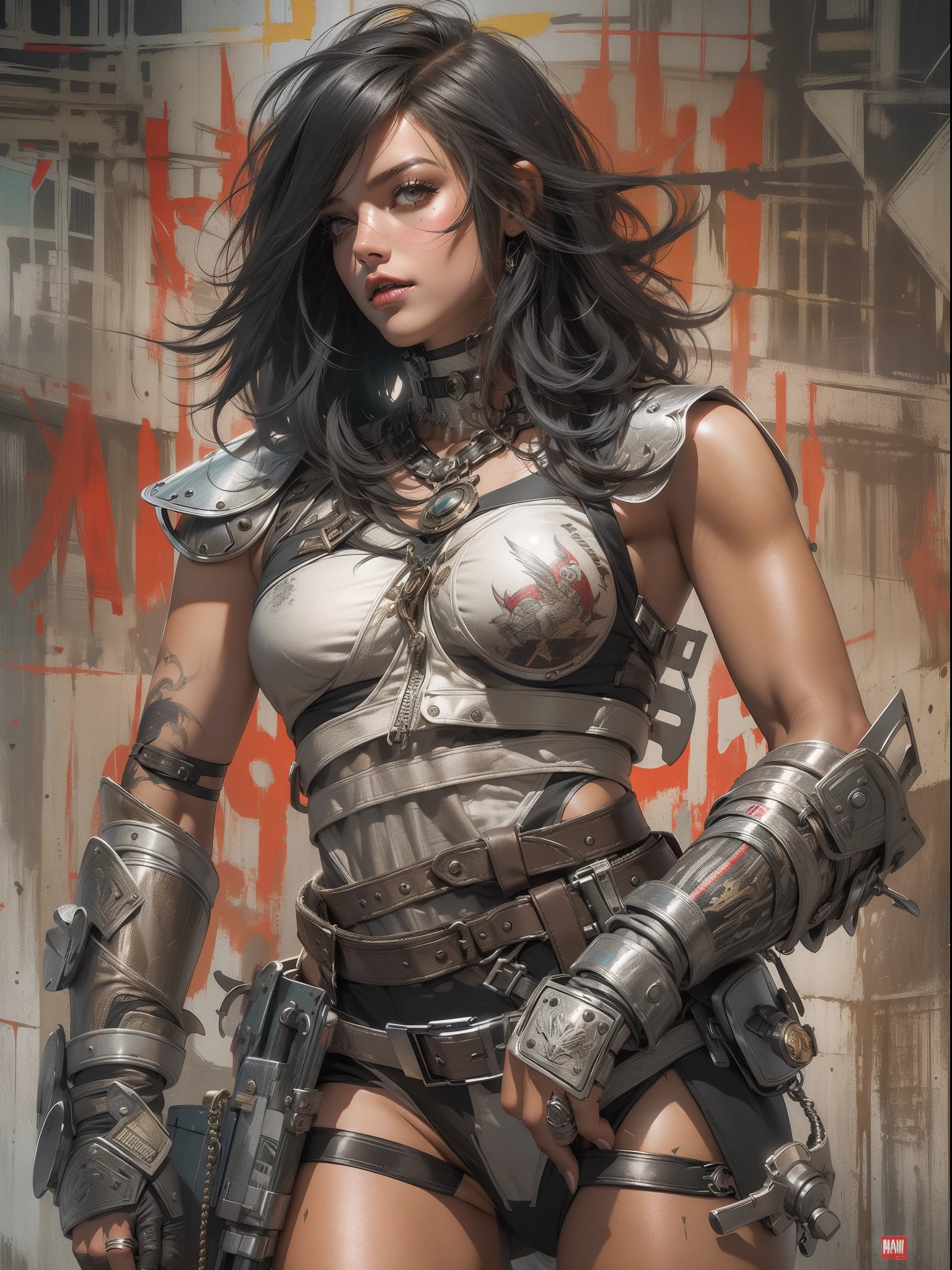(((mulher))), (((melhor qualidade))), (((obra prima))), (((adulto))), (((1girl))), ((( corte de cabelo bob ))), Uma gladiadora cyberpunk mulher de 25 anos com corpo perfeito, shoulder pads with metal spines, Gladiadores do Brooklyn, (( corte de cabelo bob )), tiny leather panties, camiseta de time de rugby rasgada, quase nua no estilo selvagem urbano de Simon Bisley para a capa da revista Heavy Metal, Cabelo loiro curto, Minimum clothing, Metal protection on the left arm with intricate graphics, Vermelho escuro com estrelas brancas e respingos de preto e branco, armadura, cheio de espinhos, (((do joelho pra cima))), cabelos loiro branco curto, no fundo uma parede pintada por Shepard Fairey com um design intrincado