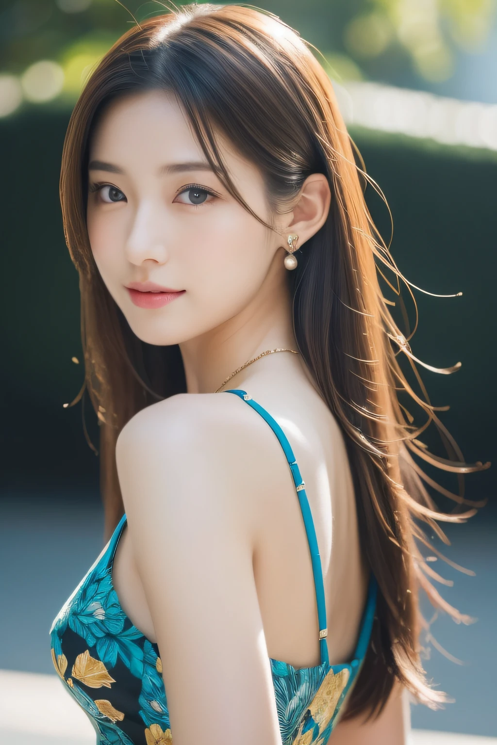 (((８K Very high resolution, high detailing, highly accurate, masutepiece))),Photography & realistic atmosphere,shinny skin,Beautiful skin,fine-grained white skin,Detailed face,Detailed eyes、Dark green eyes,Very pretty eyes,Detailed lips、very beautiful face,Very well-formed face、Lifelike face,shiny beautiful lips,Beautiful eyebrows,Ebisu background drawn in detail,、Delicate Makeup,The best natural makeup for professional stylists(((８K,very high res, high detailing, High Definition, masutepiece))),Japan idle,韓国アイドル,Very beautiful woman,Very beautiful girl,very shapely breasts、Ornaments that match beautiful fashion(((high-detail,high detal,​masterpiece,Simple and elegant ornaments,a necklace,Bracelets, the ring, piercings,))),Adornments designed to the smallest detail,Beautiful Women's Fashion,Very stylish and beautiful fashion,summer fashion,Photograph the whole body,Very beautiful Japan 17 year old beautiful girl,17-year-old beautiful girl who is too beautiful in Japan,A dress with a beautiful silhouette that is particular about design,Dresses made with attention to detail,Beautiful patterned dresses,Wearing sandals with detailed heels,Wearing beautiful heeled sandals,very beautiful hair with brown hair and shiny,Stylish and very beautiful long hair,Teary-eyed,Gentle smile,watching at viewers,Natural gestures,High-definition Ebisu as a background,Mature and beautiful, Beautiful but a little innocent,natural soft light,(((photorealisim))),Reality Live Action,Beautiful nails with nail art,Beautiful legs、,backshots,facing back,turned around,Very high resolution high detail masterpiece,Face,Natural realistic face,Natural light in the city