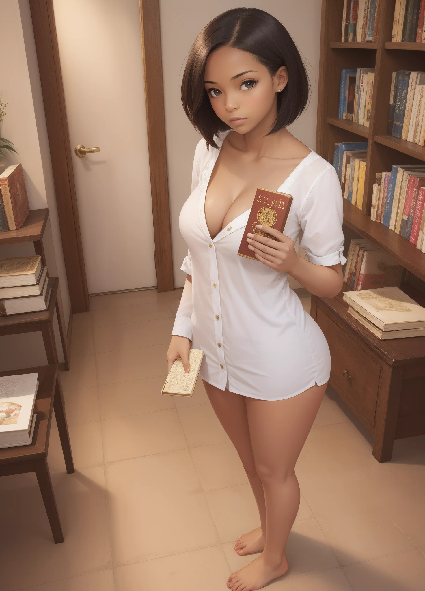 Young woman, short woman, beautiful, brown skin, short hair, straight hair, medium breasts, large thigs, big ass, serious face, bare feet, holding a book --auto --s2