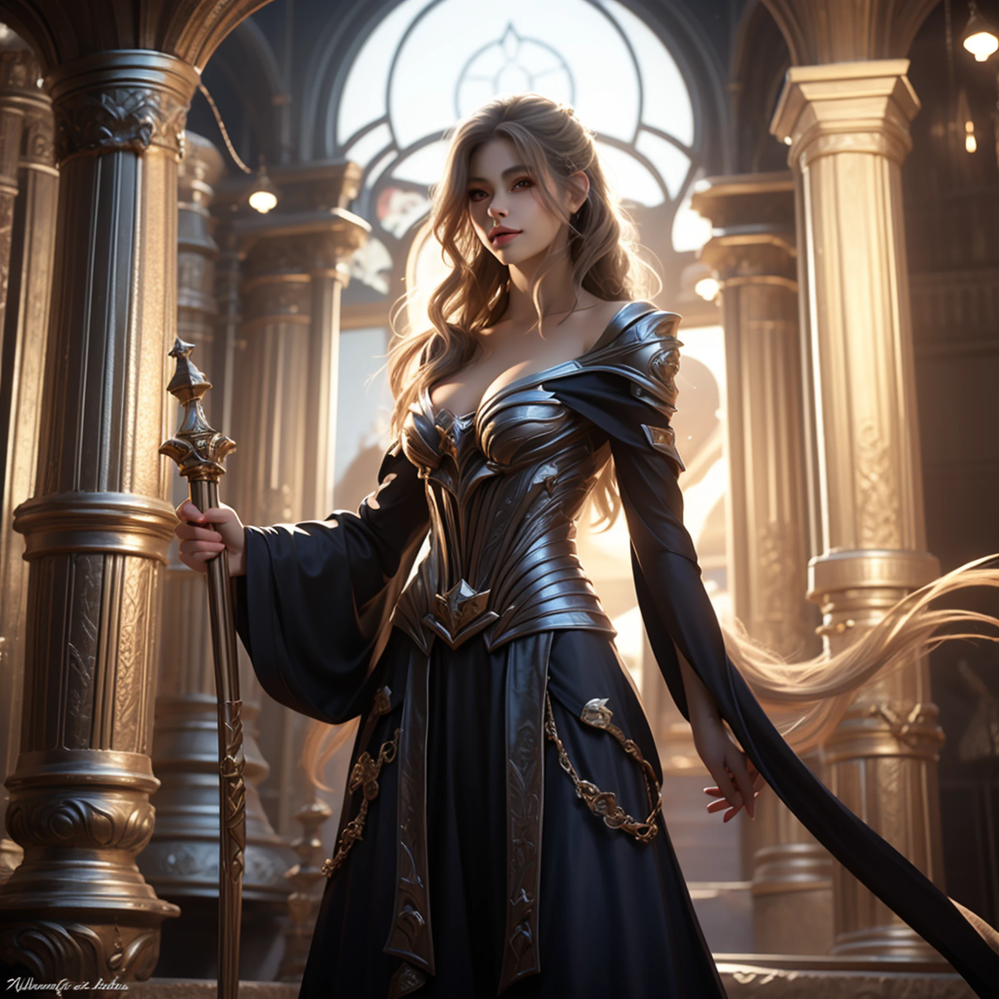 Um paladino inspirador vestindo armadura dourada, wielding a sword imbued with radiant light, e segurando um escudo dourado. The paladin's blue eyes sparkle with determination as they navigate the dark and mysterious cityscape. O brilho da espada do paladino ilumina os arredores, revealing intricate details and adding a cinematic touch to the composition. The overall aesthetic captures the beauty and depth of the scene, reminiscente da fotografia Fujifilm. em um campo, inspirado em Leona, Leona de League of Legends, Personagem de League of Legends, gorgeous female paladin, Arte do personagem de League of Legends, Arte estilo League of Legends, picture of female paladin