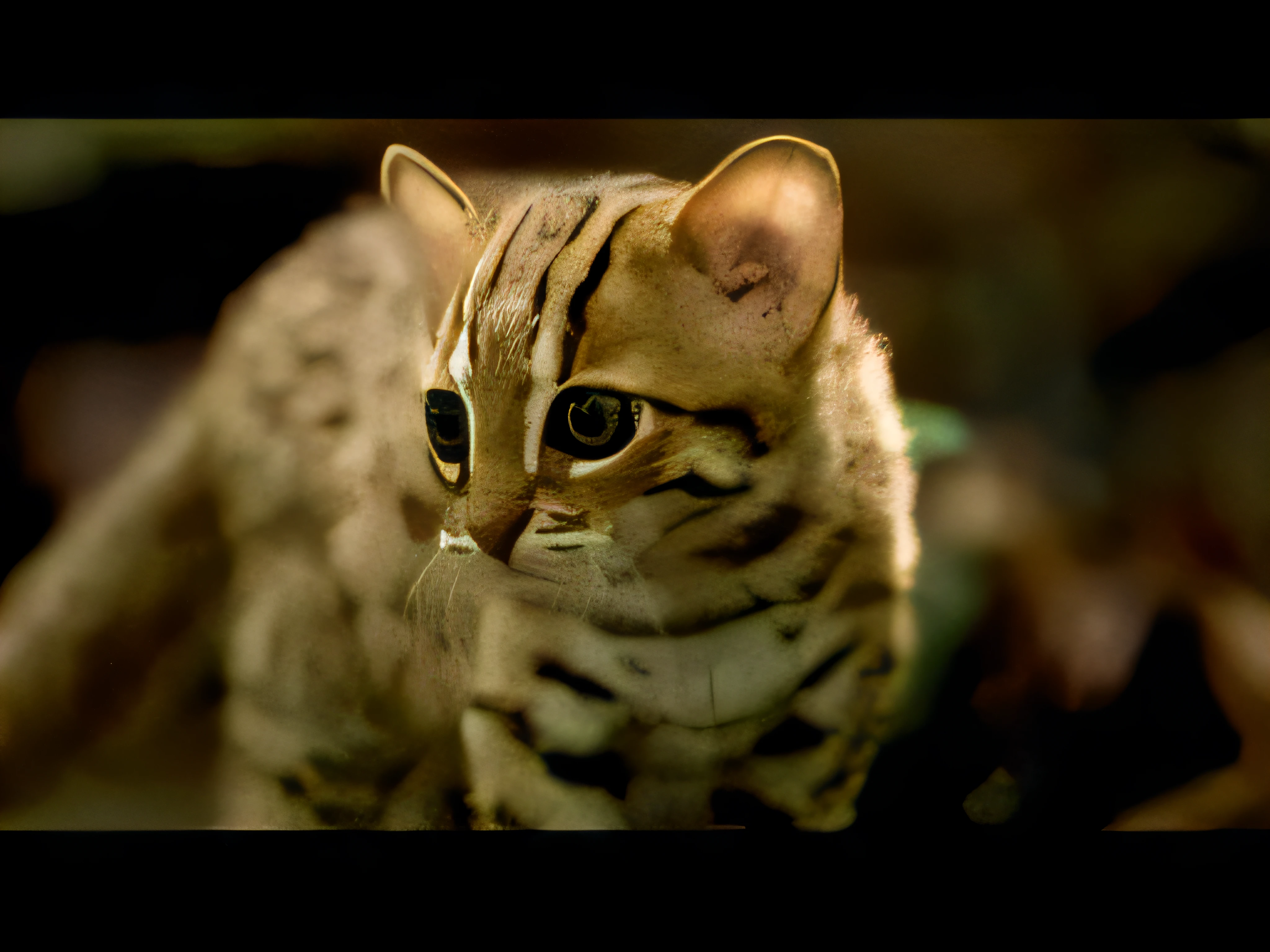 Arafe cat sitting on the ground looking at camera, margay, Sand Cat, National Geographic Footage, tabaxi male, a cute little cat, tabaxi, the cutest creature in the world, ohwx, Erin Hunter, Wildlife Documentaries, the cutest creature of the world, ohwx, cute animal, zora, hybrid of mouse and cat, Hisashi