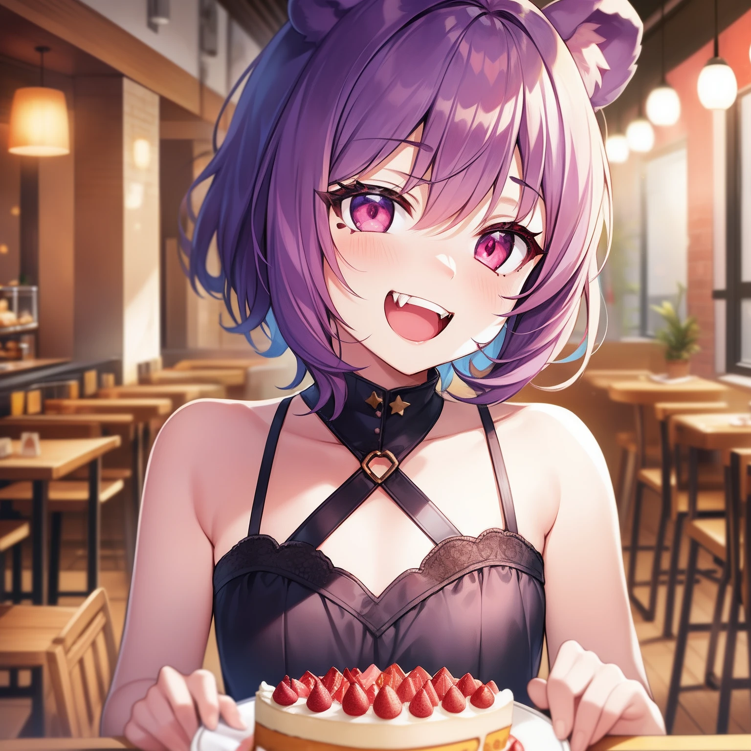 1girl, solo, animal ears, pose, happy, smiling, fangs, purple bear ears, purple hair, ahoge, bangs, short hair, original character, pink eyes, magenta eyes, red eyes, multicolor eyes, short hair, wavy hair, swept bangs, small breasts, flat chest, bear ears, tired, sleepy, bags under eyes, beauty mark, young, li, short eyebrows, restaurant background, indoor background, laughing, food awe, food, looking at food, star pupils, awe, food, food plate, eating, cake, birthday cake, birthday, party, birthday party, happy birthday, happy, excited