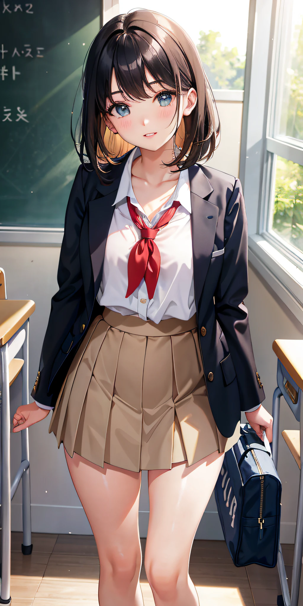 The Masterpiece, best qualiy, Misaka_mikoto, brown eyess, Short_hair, Small_Breast, looking at the viewers, 独奏, Closed_Mouth, collars_Shirt, School_uniform, shirts, whited_Shirt, , class room full bodied miniskirts