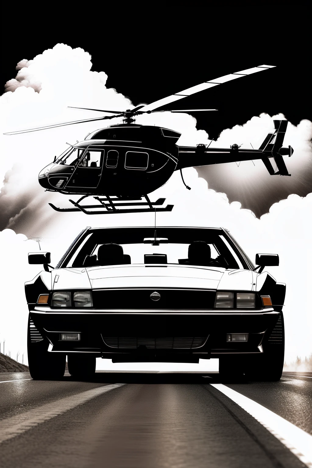 A car pulls a helicopter,The car is on the road,Helicopters in the sky,Make it into illustration form,
